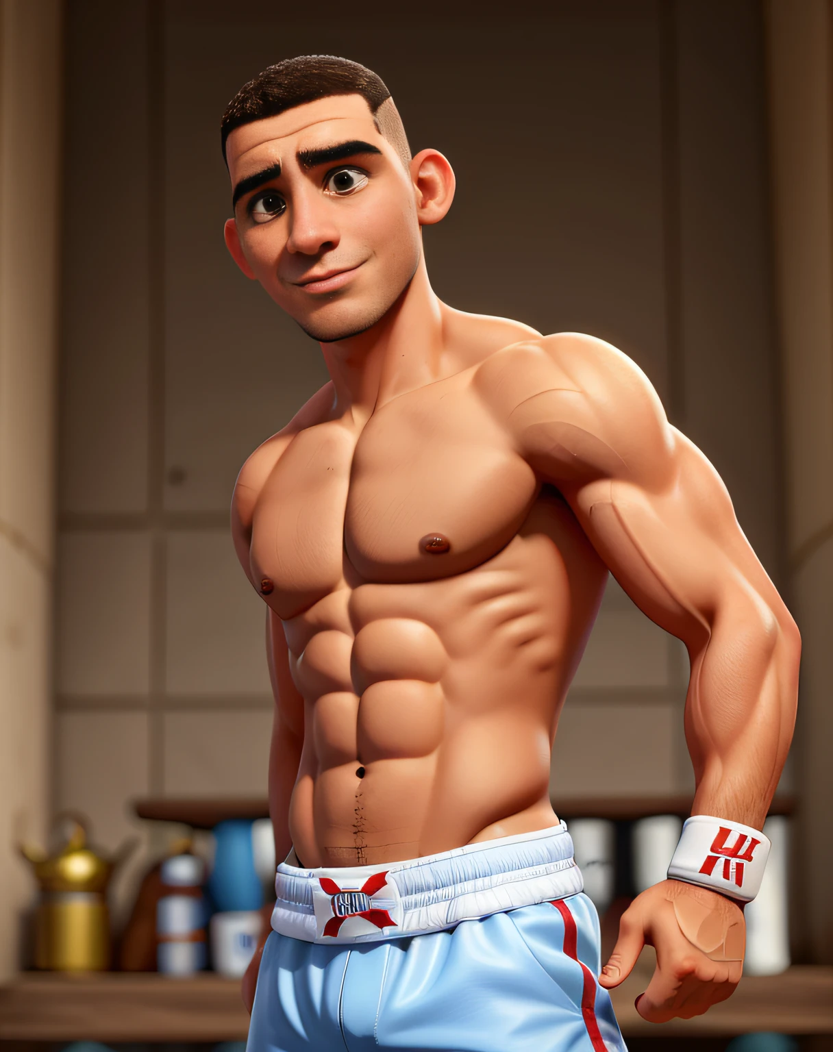 Homem careca moreno lutador de boxe, sua nacionalidade e Brasileira. Ele tem um cachorro pit bull marrom. He has a -year-baby rt hair.