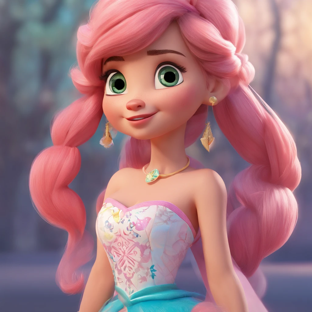 Crie uma arte bem definida estilo Disney pixar com uma mulher de 40 anos gordinha pluz size  cabelos loiros com mechas azul nas pontas , Long hair fluttering in the wind, vestindo um top rosa , fazendo o simbolo paz e amor , com as unhas compridas pintadas, sorrindo com bochecha pequena , no obro esquerdo ela tem 3 tatuagem de flocos de neve bem pequenos, aprimorar no detalhe do top rosa, rosto bem definido estilo disney pixar, com fundo de uma floresta desfocada com folhas no chao