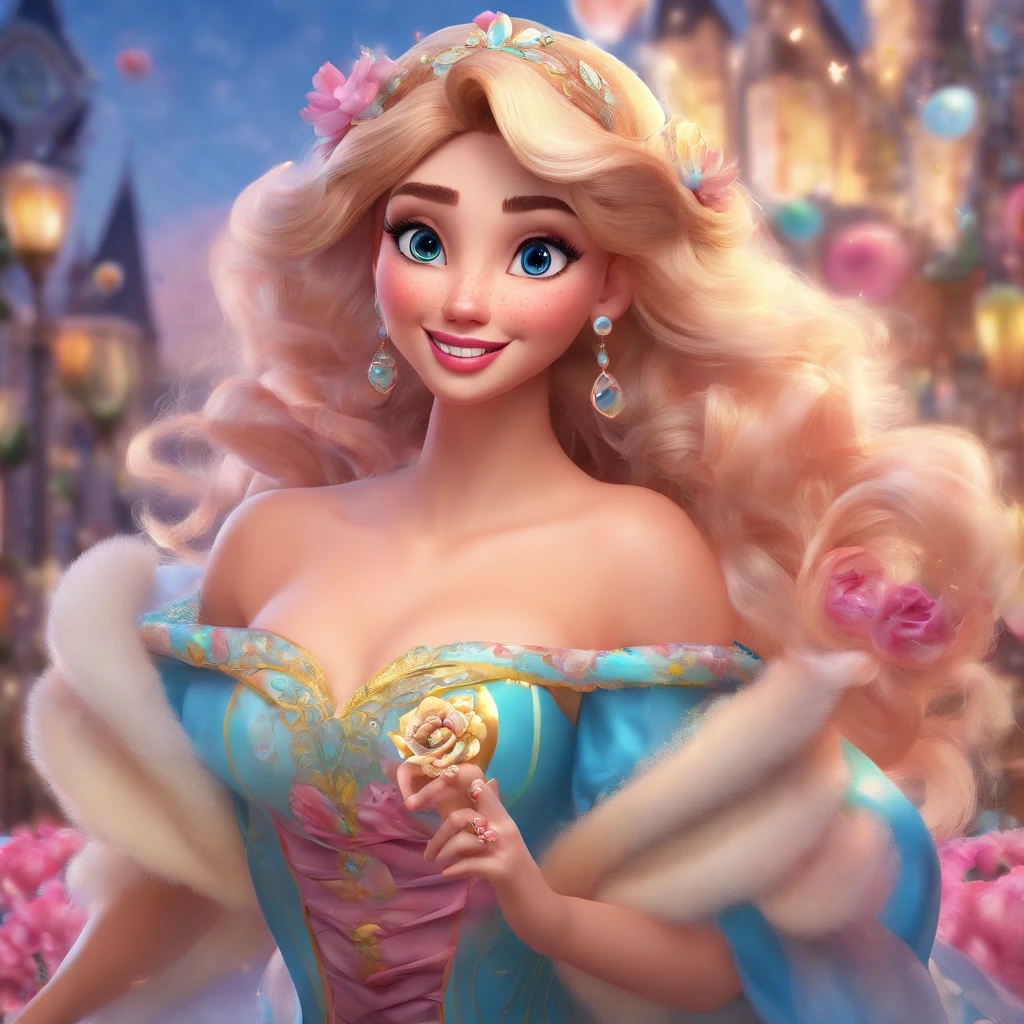 Crie uma arte bem definida estilo Disney pixar com uma mulher de 40 anos gordinha pluz size cabelos loiros com mechas azul nas pontas , Long hair fluttering in the wind, vestindo um top rosa , fazendo o simbolo paz e amor , com as unhas compridas pintadas, sorrindo com bochecha pequena , no obro esquerdo ela tem 3 tatuagem de flocos de neve bem pequenos, aprimorar no detalhe do top rosa, rosto bem definido estilo disney pixar, com fundo de uma floresta desfocada com folhas no chao