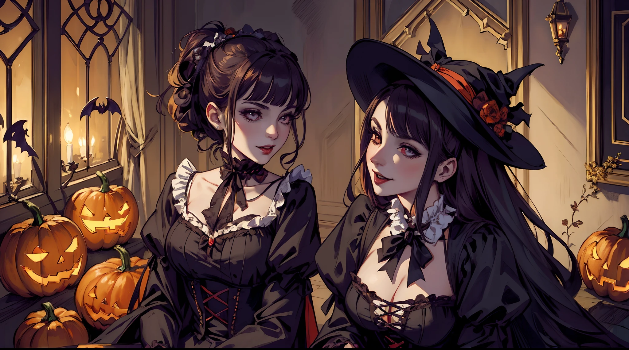 (masterpiece), (((highest quality)), (hightly detailed), create a cute Halloween Illustration of two vampires in love, epic artwork, high illumination, neo victorian, magical aura