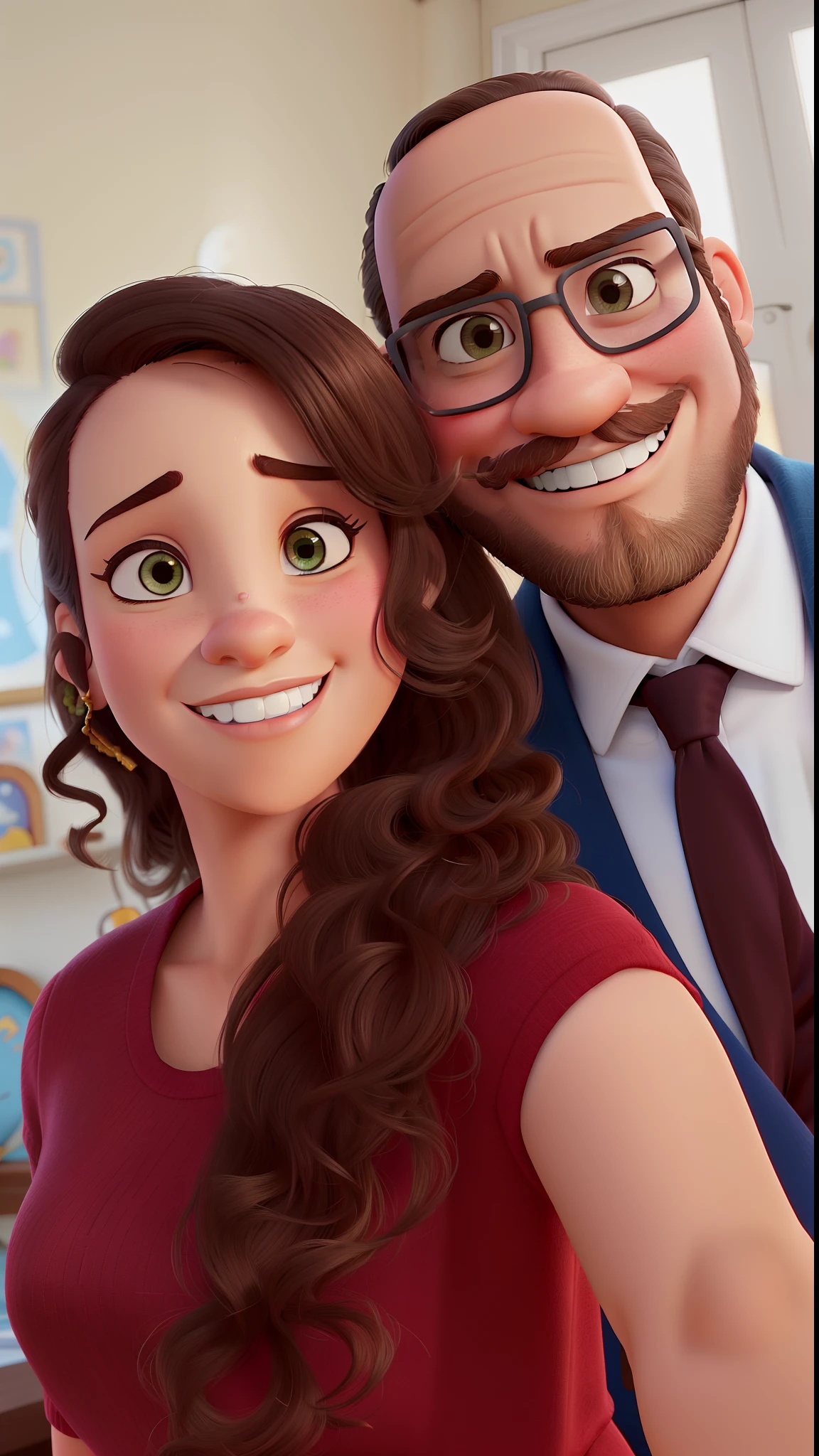 Um casal no estilo disney pixar, alta qualidade, melhor qualidade. Mulher de cabelos longos, cacheados da cor castanho claro. Homem com barba