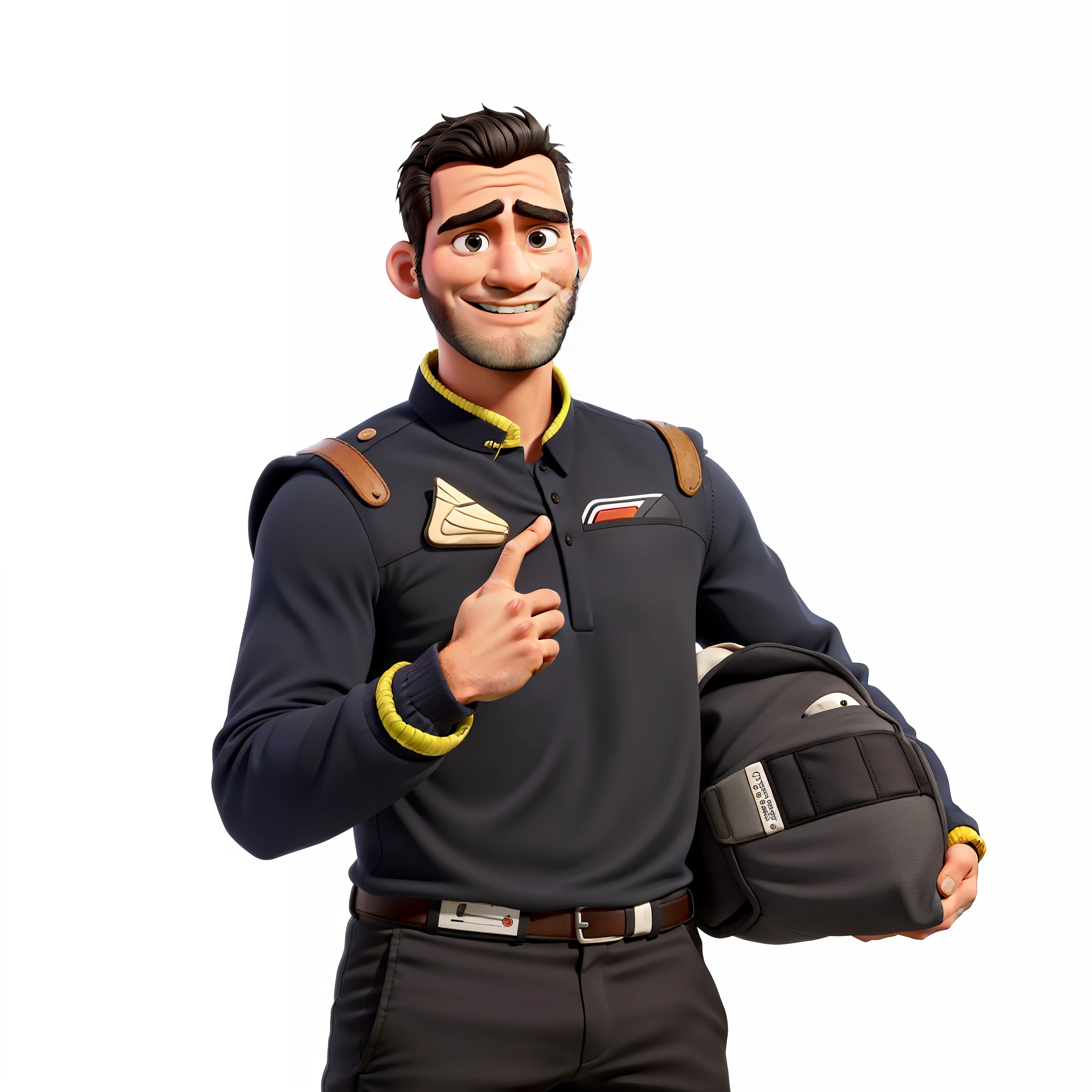 Um pai bonito, roupas apertadas, cabelo branco e preto, barba branca e preto, segurando um capacete de corrida