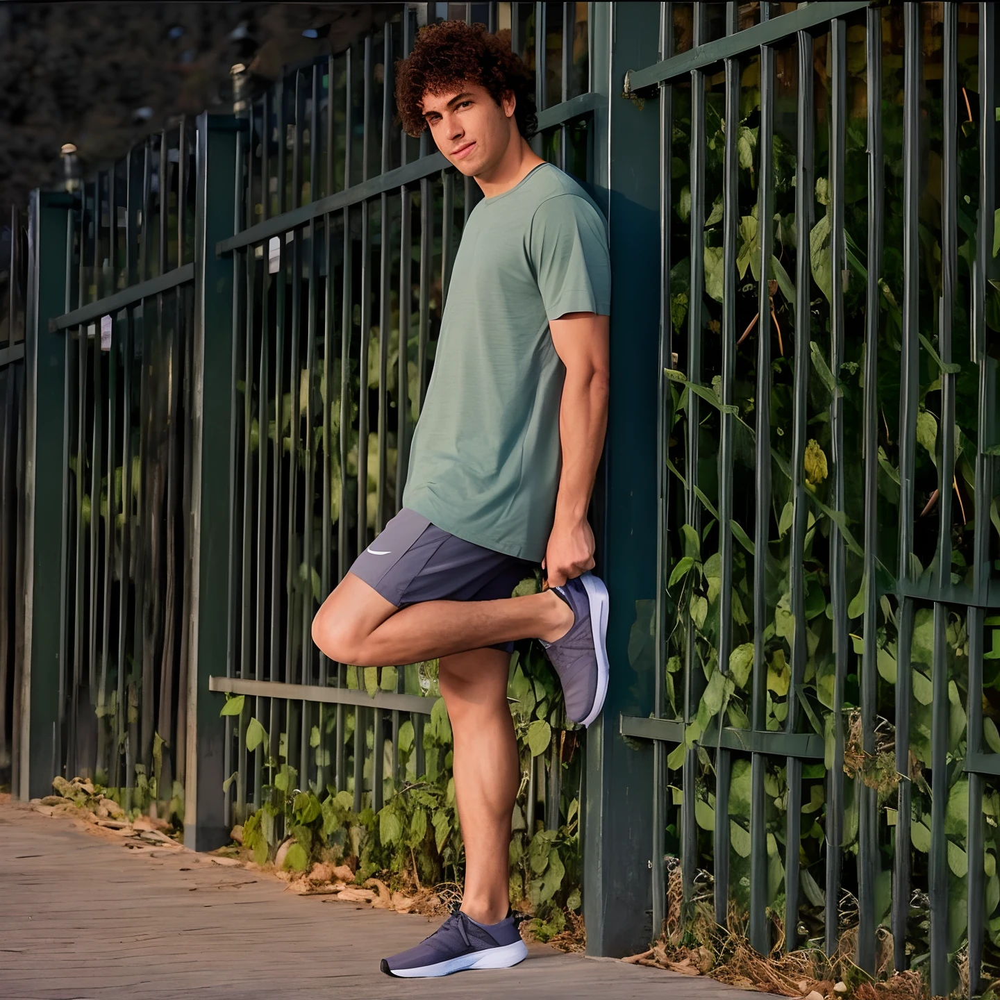 Homem de Arafed encostado a uma cerca com as pernas cruzadas, vestindo bermuda e camiseta, Jovem com short, pose lateral, Photo Session, legs visible, foco em corpo inteiro, ao ar livre, roupas esportivas, com pano de fundo de luz natural, focus on his foot, em segundo plano, baixa estatura, Foto de perfil, in a scenic background, Pixar Style Running Shoes