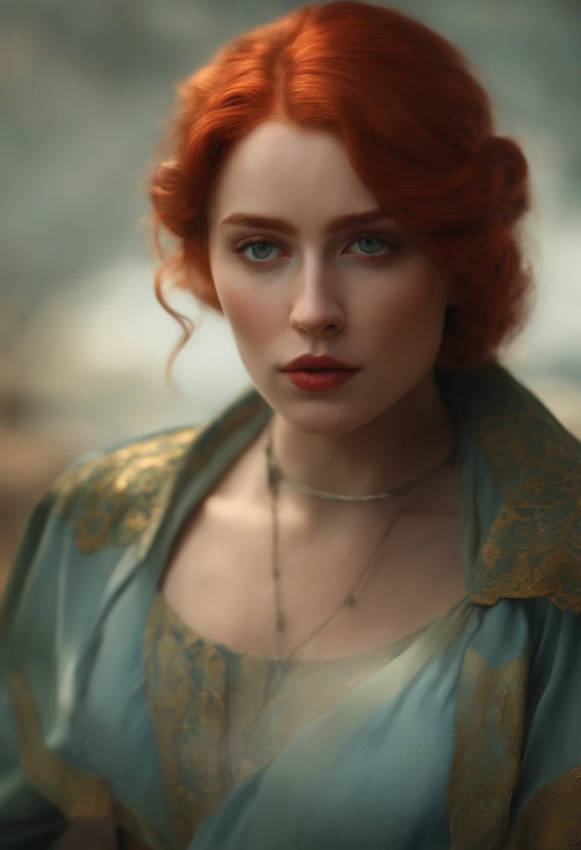 A Dream Architect Inspired by Pixar Animation, de perto. Facial expressions are captivating, com um toque de irrealidade. Woman with red hair length to her neck