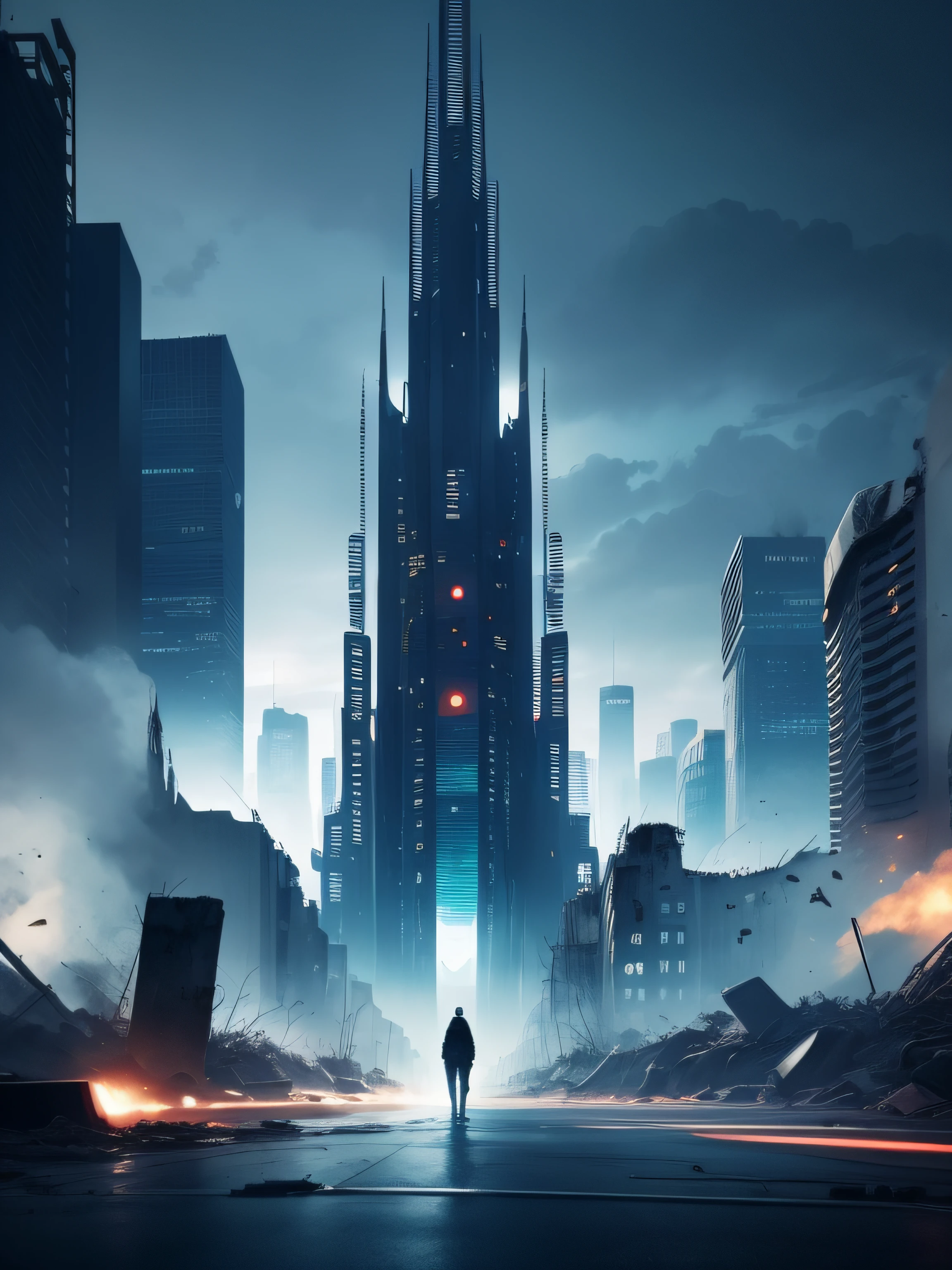 Create an image for the cover of Chapter 6 of the book '2067', where a futuristic city is depicted completely destroyed, due to a virtual reality game that has contaminated people's minds. The image should convey the feeling of chaos, desolation and destruction, with destroyed buildings, empty streets and the striking presence of technology. Use dark and cool colors to create a dark and desperate mood, and ensure that the message conveyed is impactful and exciting for readers.