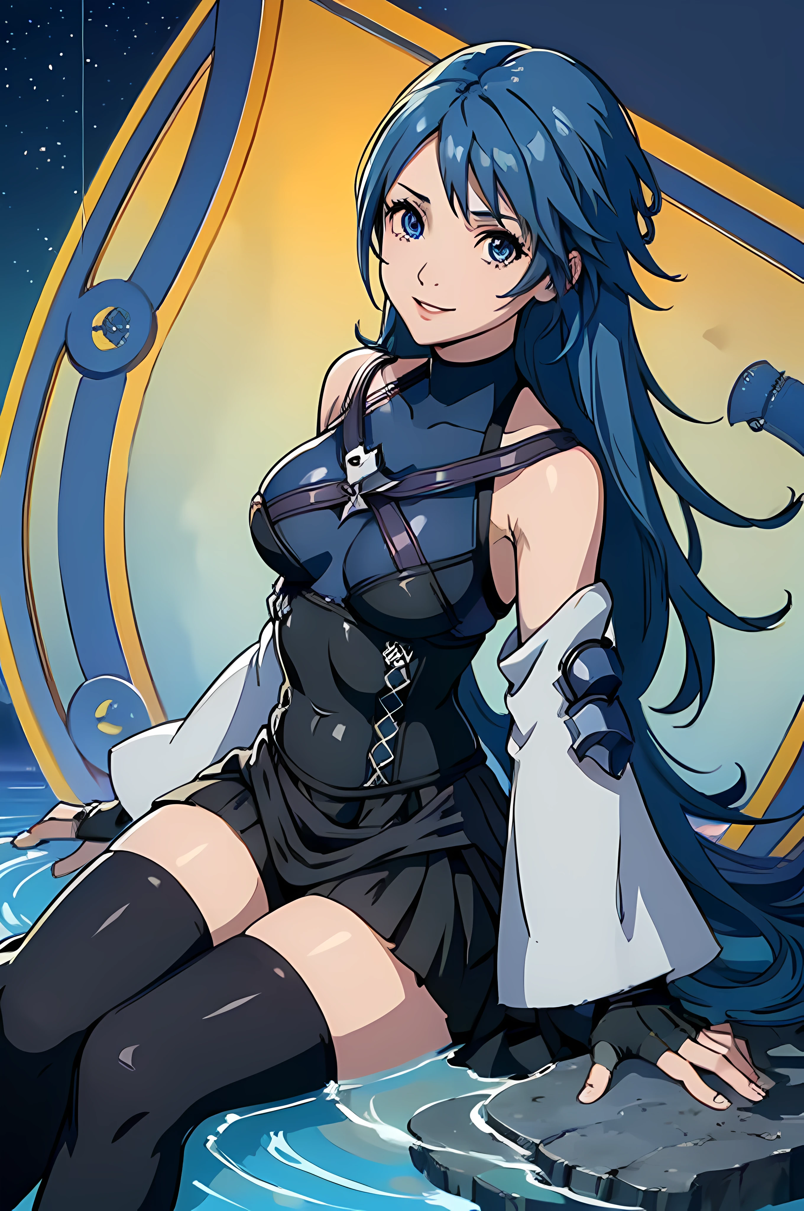 aaaqua, 1girl, absurdres, masterpiece, blue eyes, blue hair, breasts, chest strap, elbow gloves, gloves, highres, (skirt), (kingdom hearts), looking at viewer, transparent water floor, smile, solo, clear sky, open field, empty background, wide sleeves, medium breasts, detatched sleeves, black shorts , fingerless gloves, light background, (thighhighs), sitting on the floor, view from the above, dymanic view