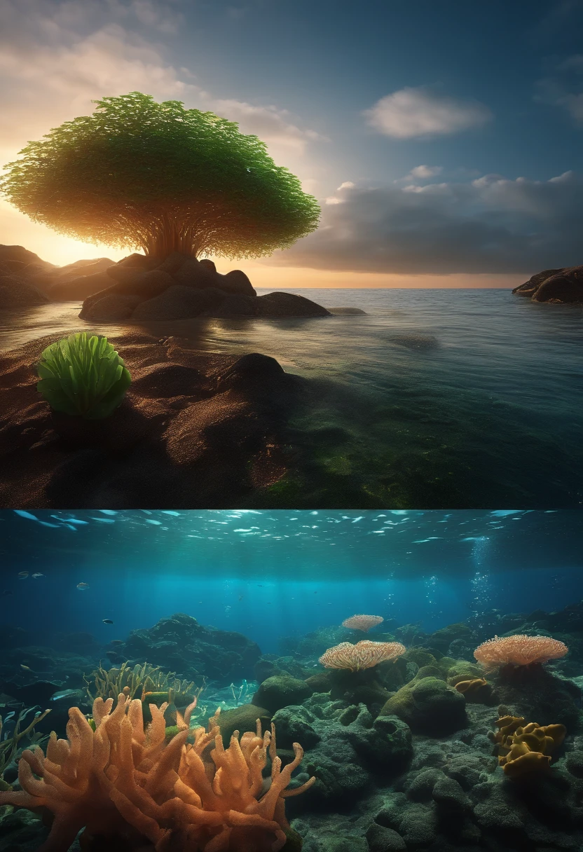 Masterpiece, best quality, (very detailed CG unity 8k wallpapers), (best quality), (best illustrations), (best shadows), marine theme with natural elements. Tall mangroves, rich marine plants, glowing jellyfish, surrounded by schools of fish, glowing particle effects,, (marine plants), (ocean theme), ((luminous algae)), (coral), ((glowing jellyfish )), ((Glow Creatures in Seawater)), ((Sea Fire)), (((Particle Effect))), Isometric 3D, Octane Rendering, Ray Tracing, Super Detailed