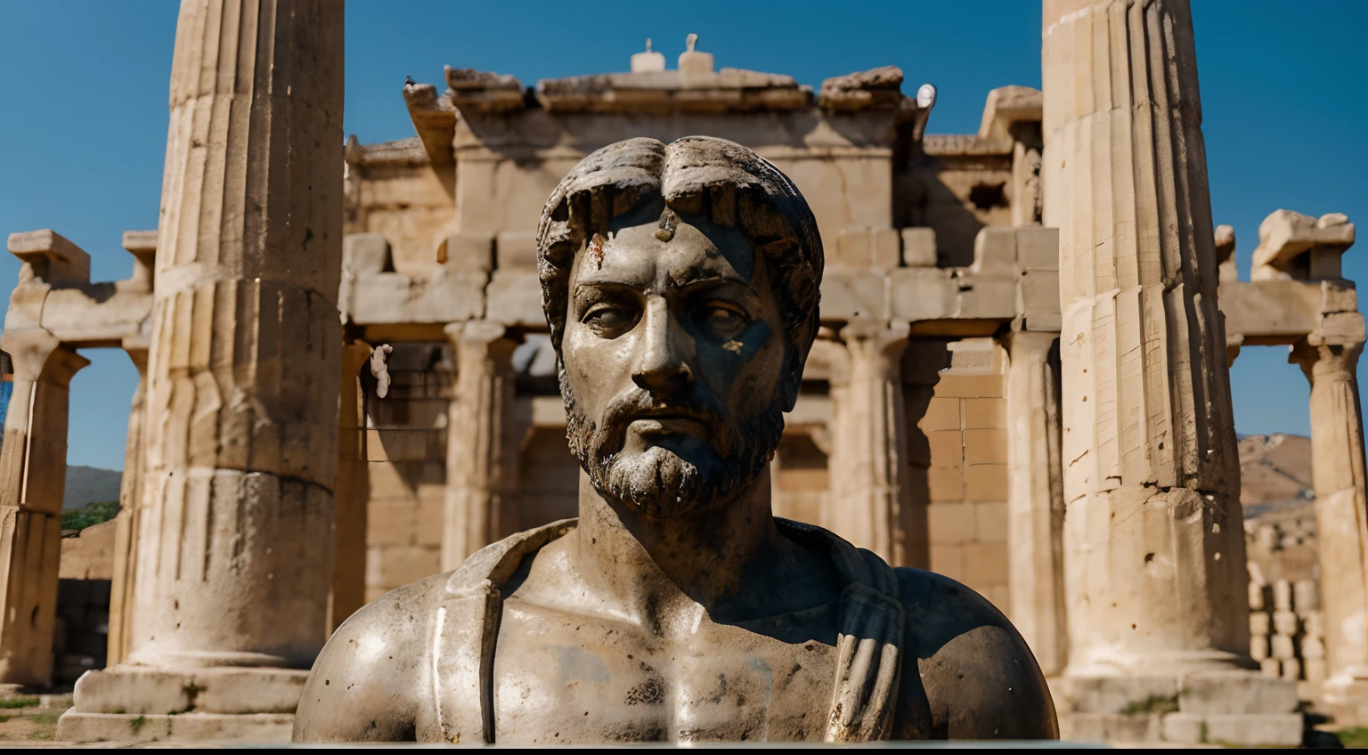 Ancient Stoic Statue With Very Angry Expression, tem barba, muitos detalhes em ambos os olhos, Outside, fundo atenas grego, open sky, com rosto extremamente detalhado full body view, Colors with low saturation with dark tone, Filmado em Sony A7S III com Sony FE 35mm f/1.8, 12.1 MP, --AR 3:2 --estilo cru