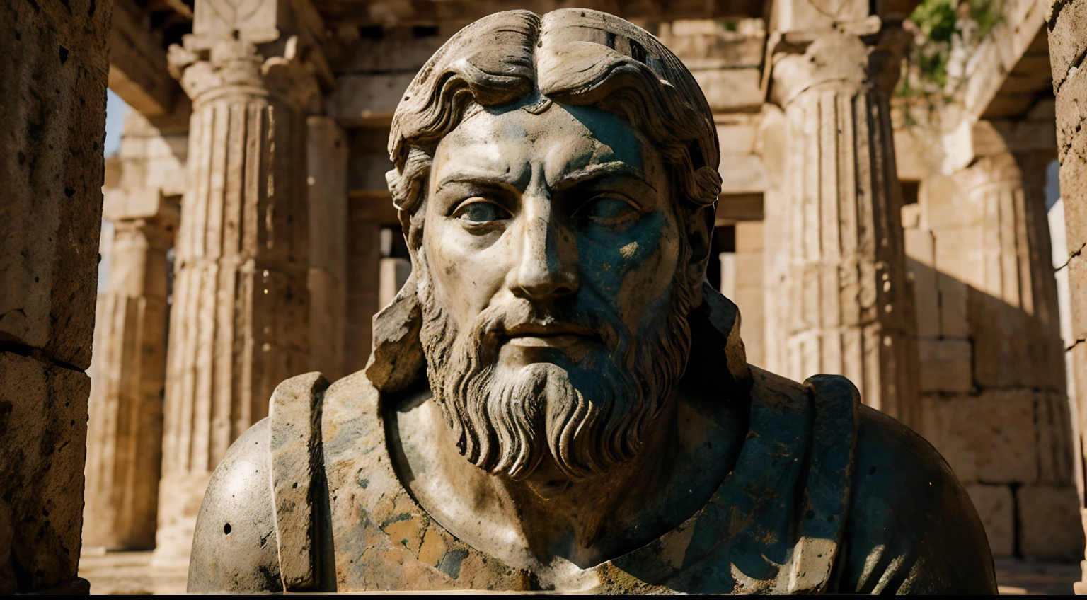 Ancient Stoic Statue With Very Angry Expression, tem barba, muitos detalhes em ambos os olhos, Outside, fundo atenas grego, open sky, com rosto extremamente detalhado full body view, Colors with low saturation with dark tone, Filmado em Sony A7S III com Sony FE 35mm f/1.8, 12.1 MP, --AR 3:2 --estilo cru