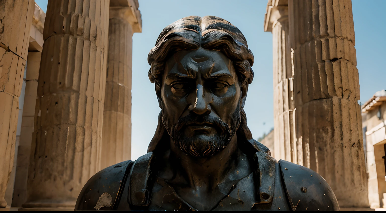 Ancient Stoic Statue With Very Angry Expression, tem barba, muitos detalhes em ambos os olhos, Outside, fundo atenas grego, open sky, com rosto extremamente detalhado full body view, Colors with low saturation with dark tone, Filmado em Sony A7S III com Sony FE 35mm f/1.8, 12.1 MP, --AR 3:2 --estilo cru