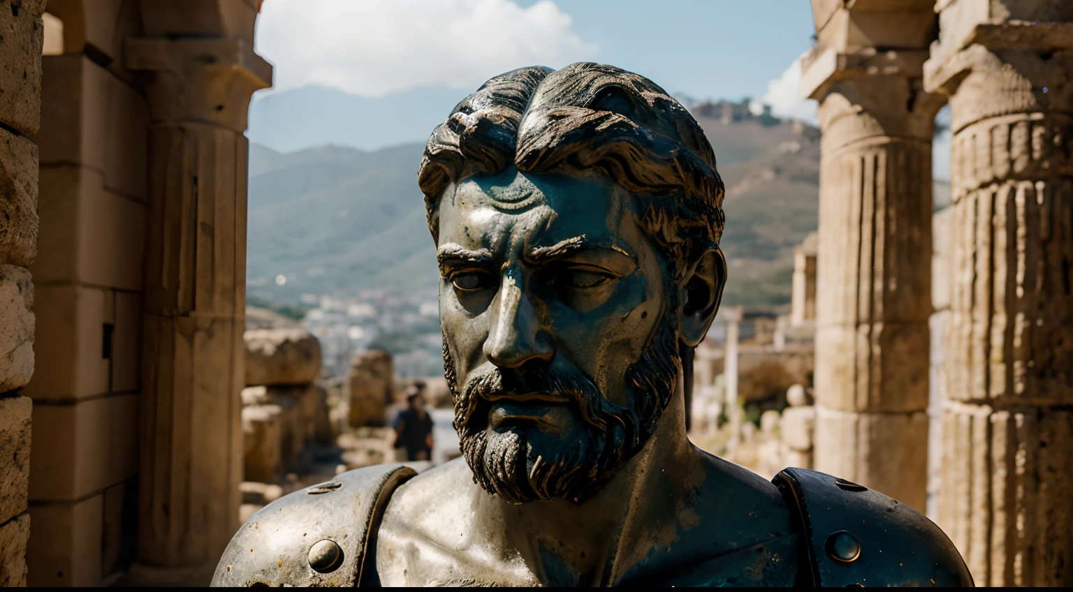 Ancient Stoic Statue With Very Angry Expression, tem barba, muitos detalhes em ambos os olhos, Outside, fundo atenas grego, open sky, com rosto extremamente detalhado full body view, Colors with low saturation with dark tone, Filmado em Sony A7S III com Sony FE 35mm f/1.8, 12.1 MP, --AR 3:2 --estilo cru