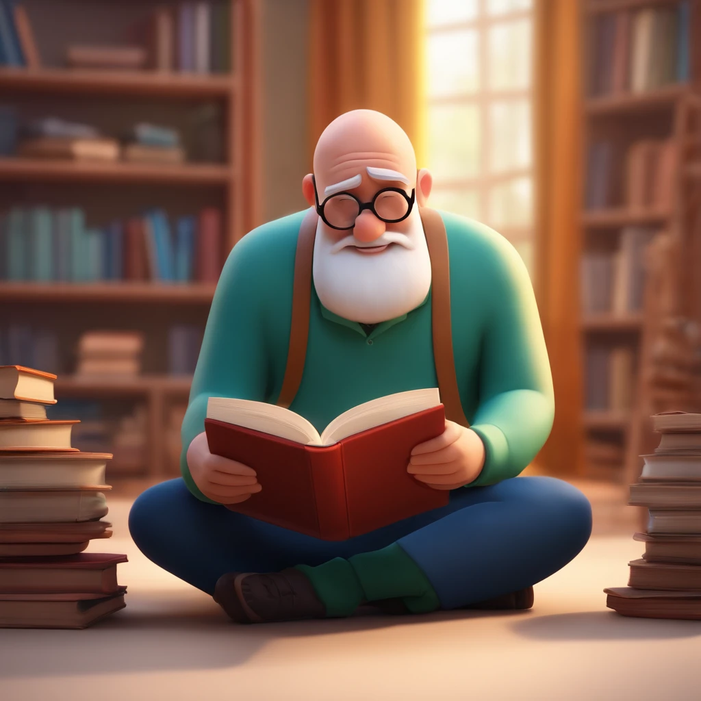 fundo branco, pixar desenhos animados 3D, Bald man with small beard and with glasses reading a book, ::estilo pixar cartoon