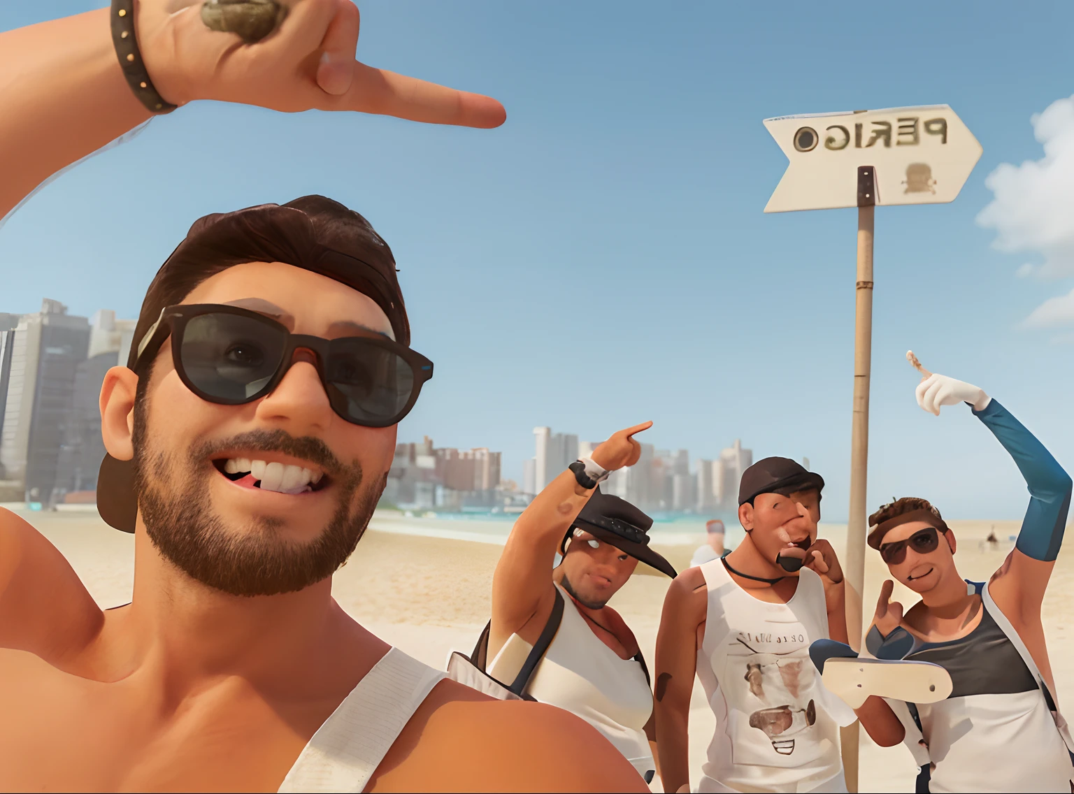 A man and three friends on the beach