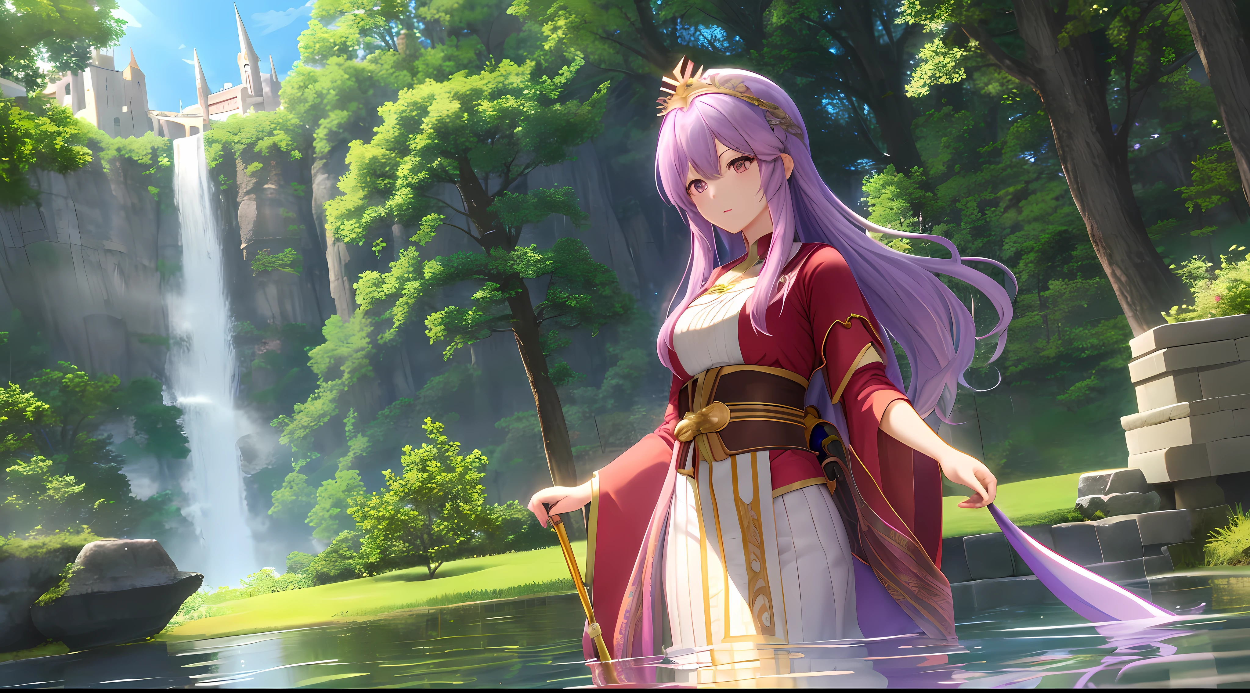Athena with plain long light purple hair,hair between eyes,green eyes,rosy cheeks,full lips,thin eyebrows,slender body,wearing ethereal red robe with golden crown and full long skirt,cute anime girl,full body,medieval castle waterfall in background,anime style,Lumen Reflections,Screen Space Reflections,Diffraction Grading,Chromatic Aberration,GB Displacement,Scan Lines,Ray Traced,Anti-Aliasing,FXAA,TXAA,RTX,SSAO,Shaders,OpenGL-Shaders, GLSL-Shaders,Post Processing,Post-Production,cell Shading,Tone Mapping,CGI,VFX,SFX,insanely detailed and intricate, 4K,standing, solo, masterpiece, best quality, detailed face, detailed eyes, highres, standing, solo,masterpiece, best quality