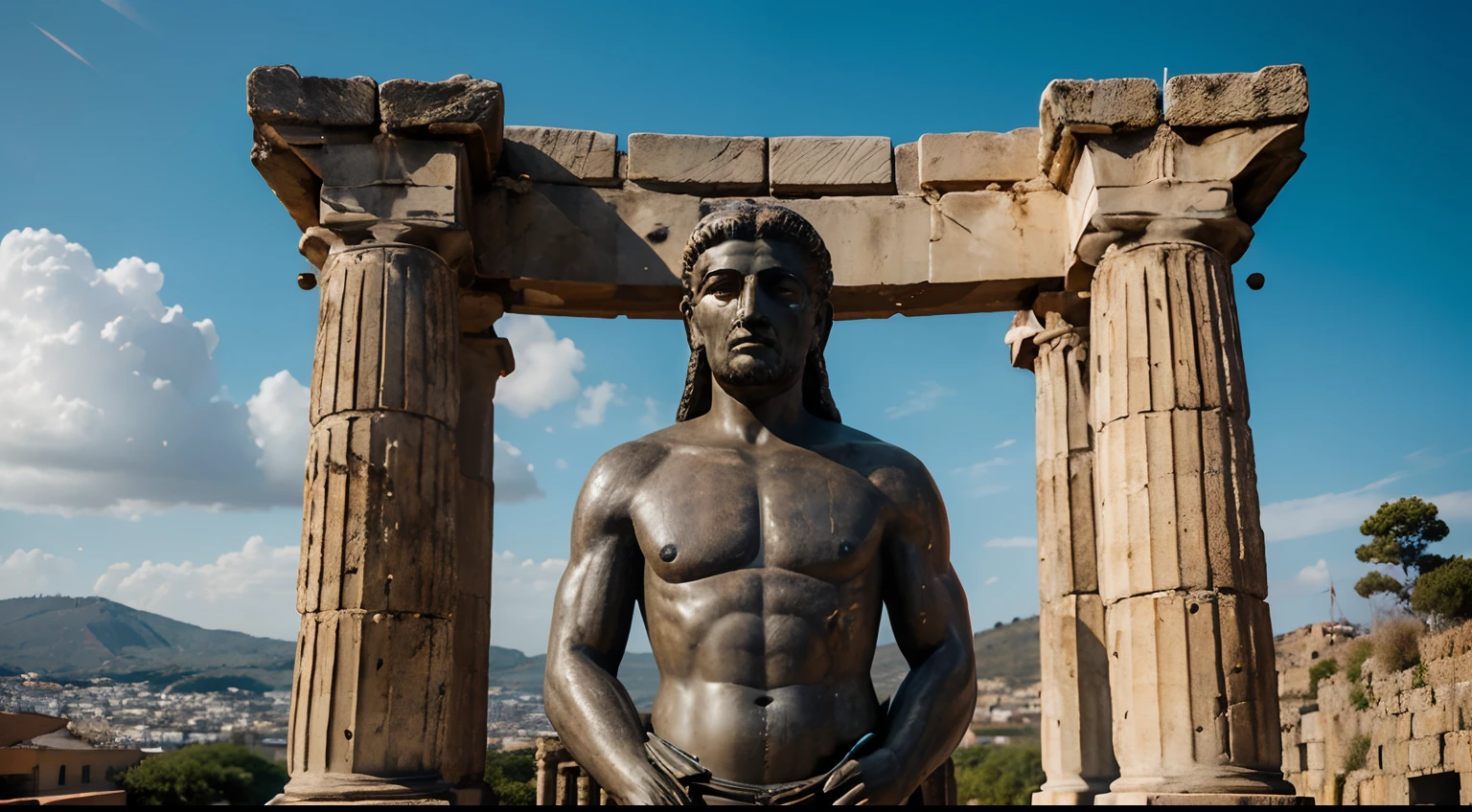 Ancient Stoic Statue With Very Angry Expression, tem barba, muitos detalhes em ambos os olhos, Outside, fundo atenas grego, open sky, com rosto extremamente detalhado full body view, Colors with low saturation with dark tone, Filmado em Sony A7S III com Sony FE 35mm f/1.8, 12.1 MP, --AR 3:2 --estilo cru