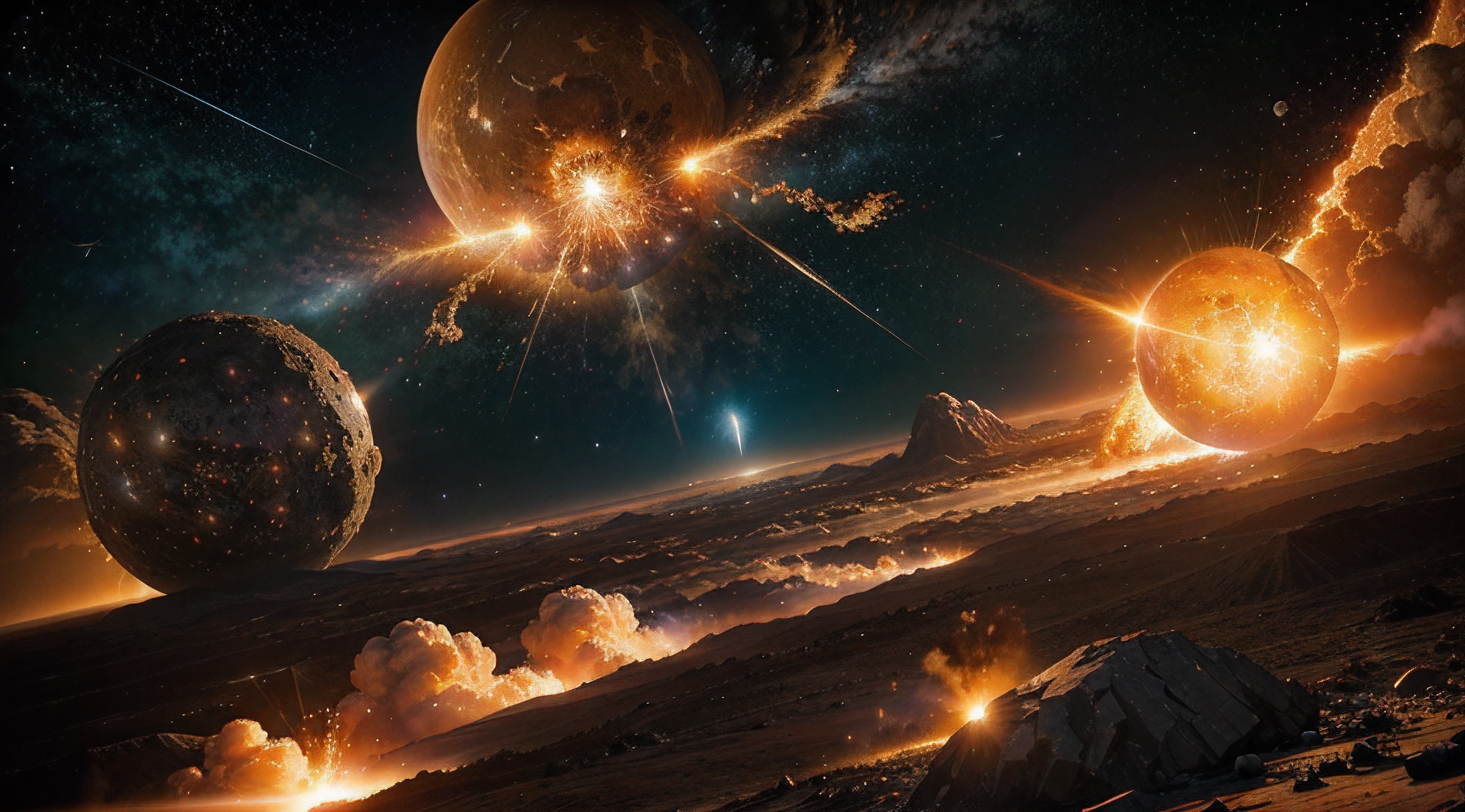scenery, with sun falling from the sky, meteors, giant fireball, exploding earth, lots of destruction, exploding planets, exploding shooting stars, maximum resolution, 8k