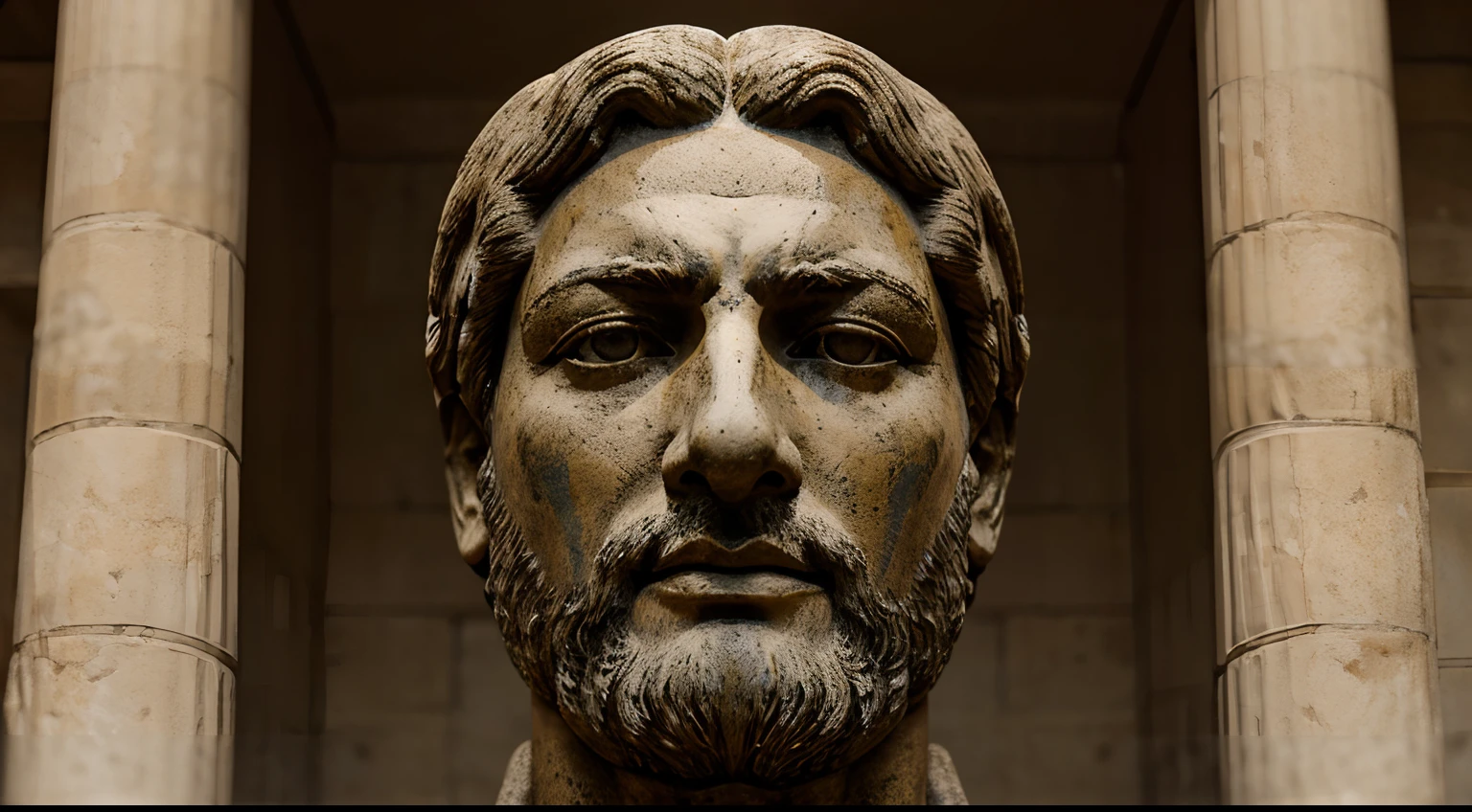Ancient Stoic Statue With Very Angry Expression, tem barba, muitos detalhes em ambos os olhos, Outside, fundo atenas grego, open sky, com rosto extremamente detalhado full body view, Colors with low saturation with dark tone, Filmado em Sony A7S III com Sony FE 35mm f/1.8, 12.1 MP, --AR 3:2 --estilo cru