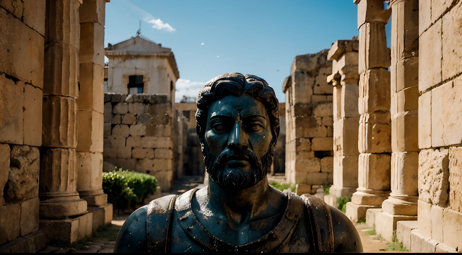 Ancient Stoic Statue With Very Angry Expression, tem barba, muitos detalhes em ambos os olhos, Outside, fundo atenas grego, open sky, com rosto extremamente detalhado full body view, Colors with low saturation with dark tone, Filmado em Sony A7S III com Sony FE 35mm f/1.8, 12.1 MP, --AR 3:2 --estilo cru