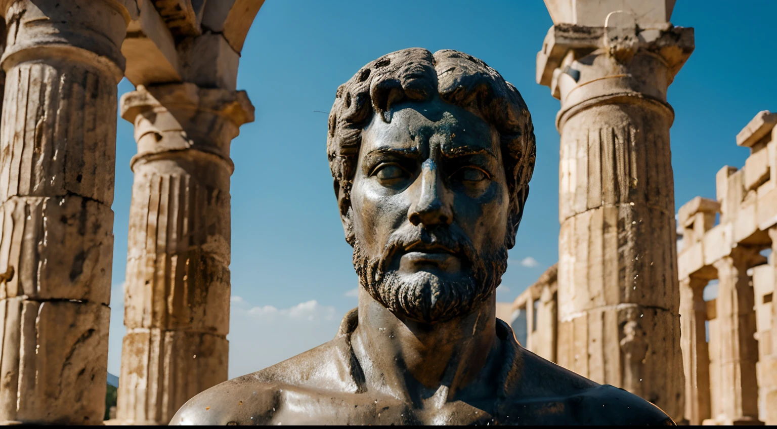 Ancient Stoic Statue With Very Angry Expression, tem barba, muitos detalhes em ambos os olhos, Outside, fundo atenas grego, open sky, com rosto extremamente detalhado full body view, Colors with low saturation with dark tone, Filmado em Sony A7S III com Sony FE 35mm f/1.8, 12.1 MP, --AR 3:2 --estilo cru