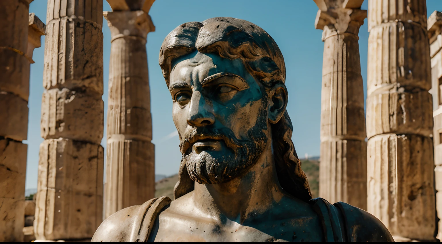 Ancient Stoic Statue With Very Angry Expression, tem barba, muitos detalhes em ambos os olhos, Outside, fundo atenas grego, open sky, com rosto extremamente detalhado full body view, Colors with low saturation with dark tone, Filmado em Sony A7S III com Sony FE 35mm f/1.8, 12.1 MP, --AR 3:2 --estilo cru