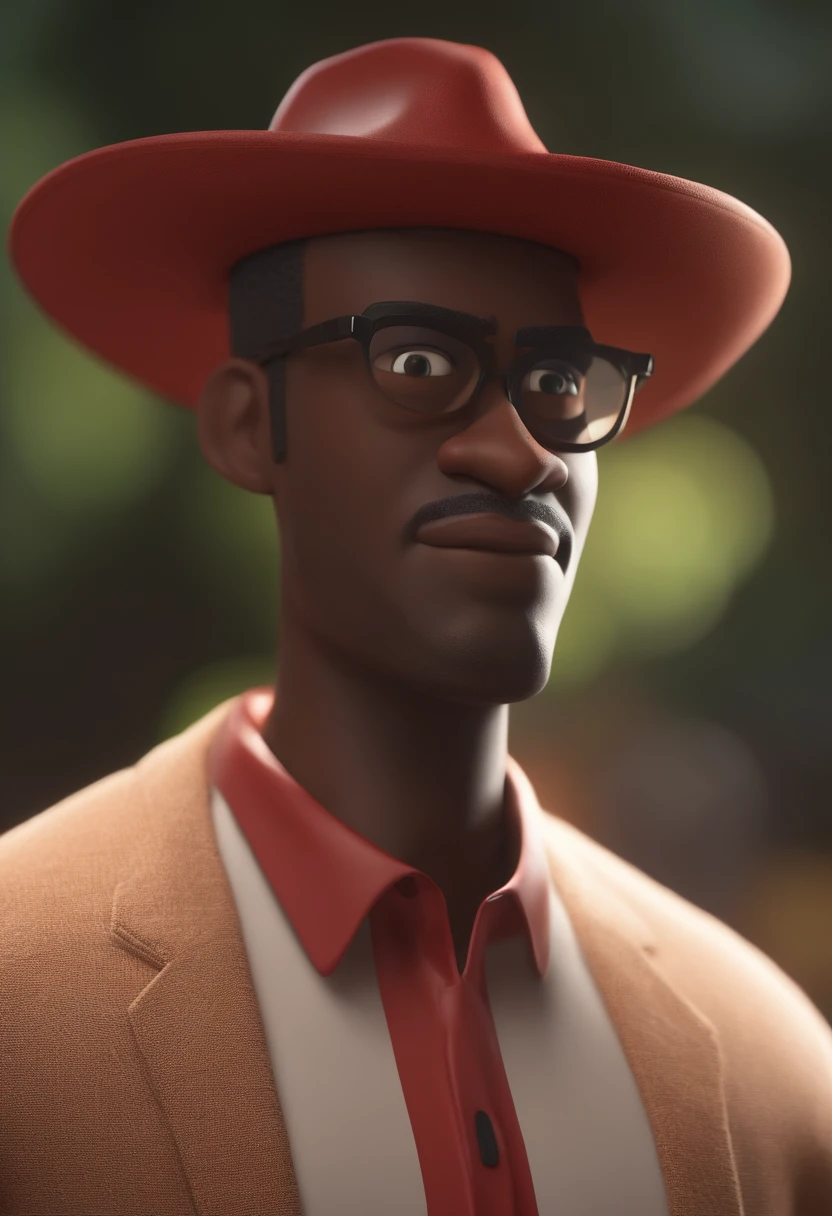 Cartoon character of a black man with white and red Panama hat Animation Character, Caractere estilizado, animation style rendering, 3D estilizado, Arnold Maya render, 3 d render stylized, toon render keyshot, Personagem 3D, Personagem 3D, 3d rendering stylized, 3 d character render, personagem de desenho animado, Personagem de close up, Pose de personagem, (Estilo Pixar) (master part:1.2) (Bokeh) (best quality) (pele detalhada) (textura detalhada) (8k) (argila) (Cinematic lighting) (foco nítido