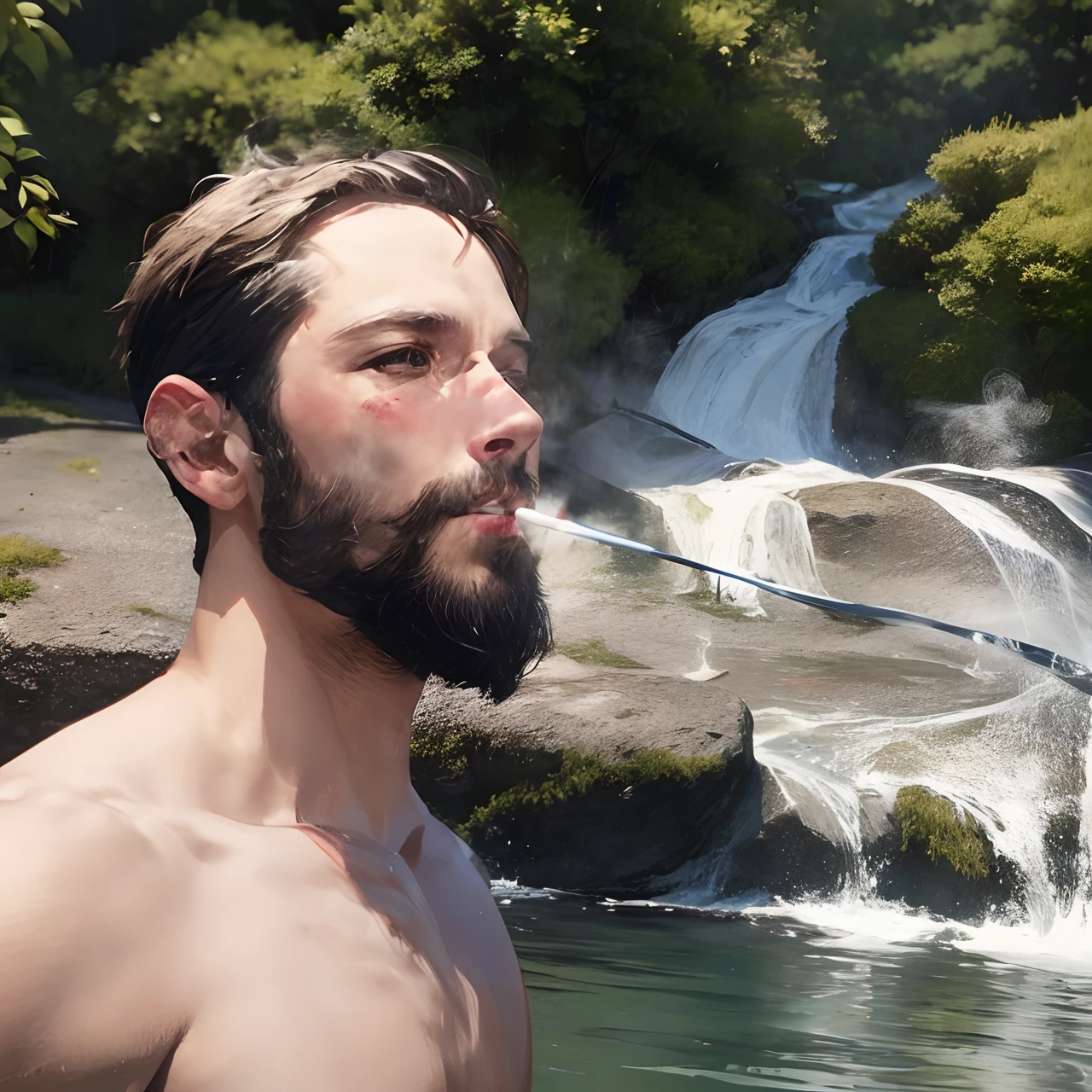 a 38-year-old Japanese former rugby player wearing soaked white brief sit by the mountain stream. his legs spread a part  stocky chubby thick 　short beard　very short hair　rain　big bulge of crotch　 shirtless　erection　boner