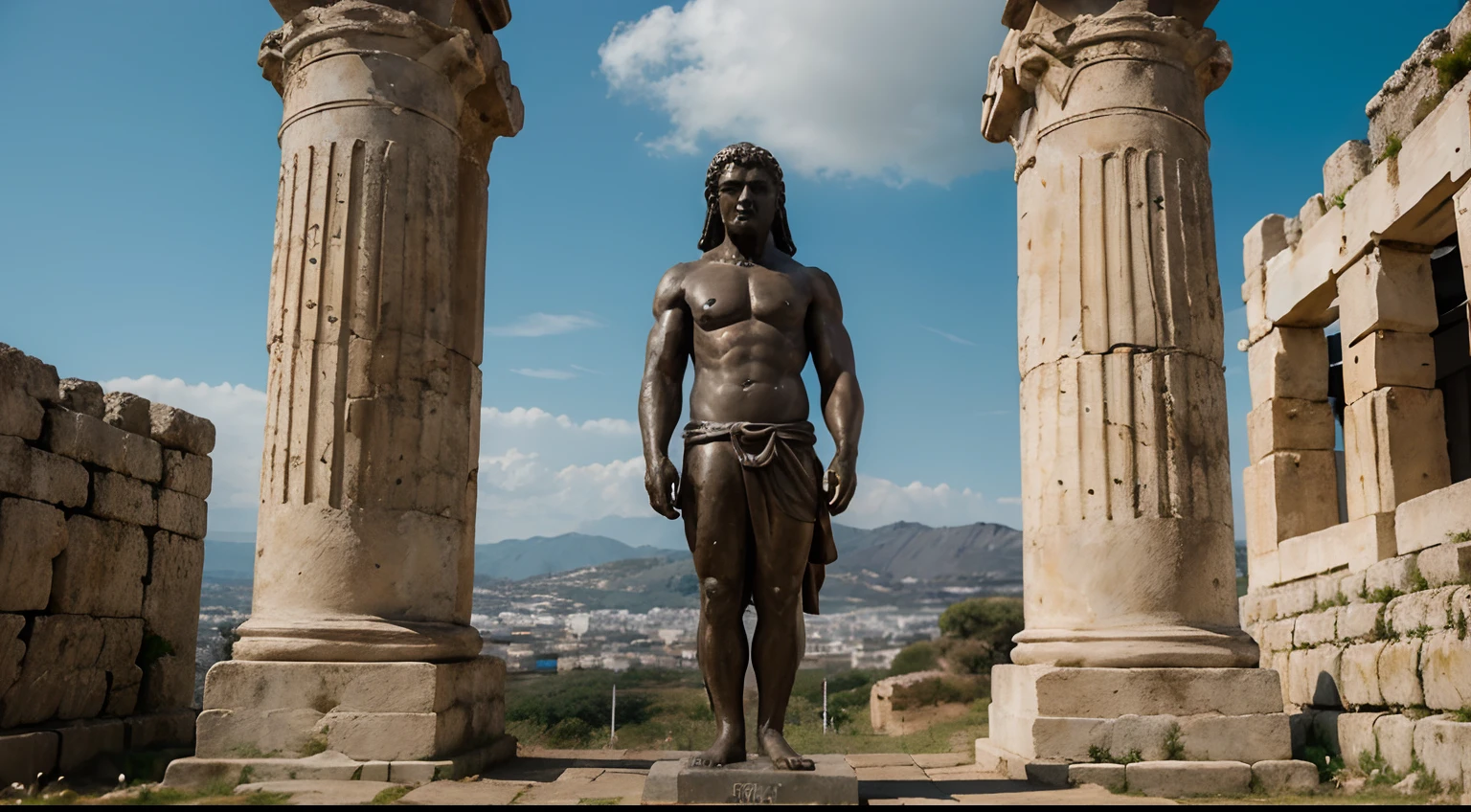 Ancient Stoic Statue With Very Angry Expression, tem barba, muitos detalhes em ambos os olhos, Outside, fundo atenas grego, open sky, com rosto extremamente detalhado full body view, Colors with low saturation with dark tone, Filmado em Sony A7S III com Sony FE 35mm f/1.8, 12.1 MP, --AR 3:2 --estilo cru