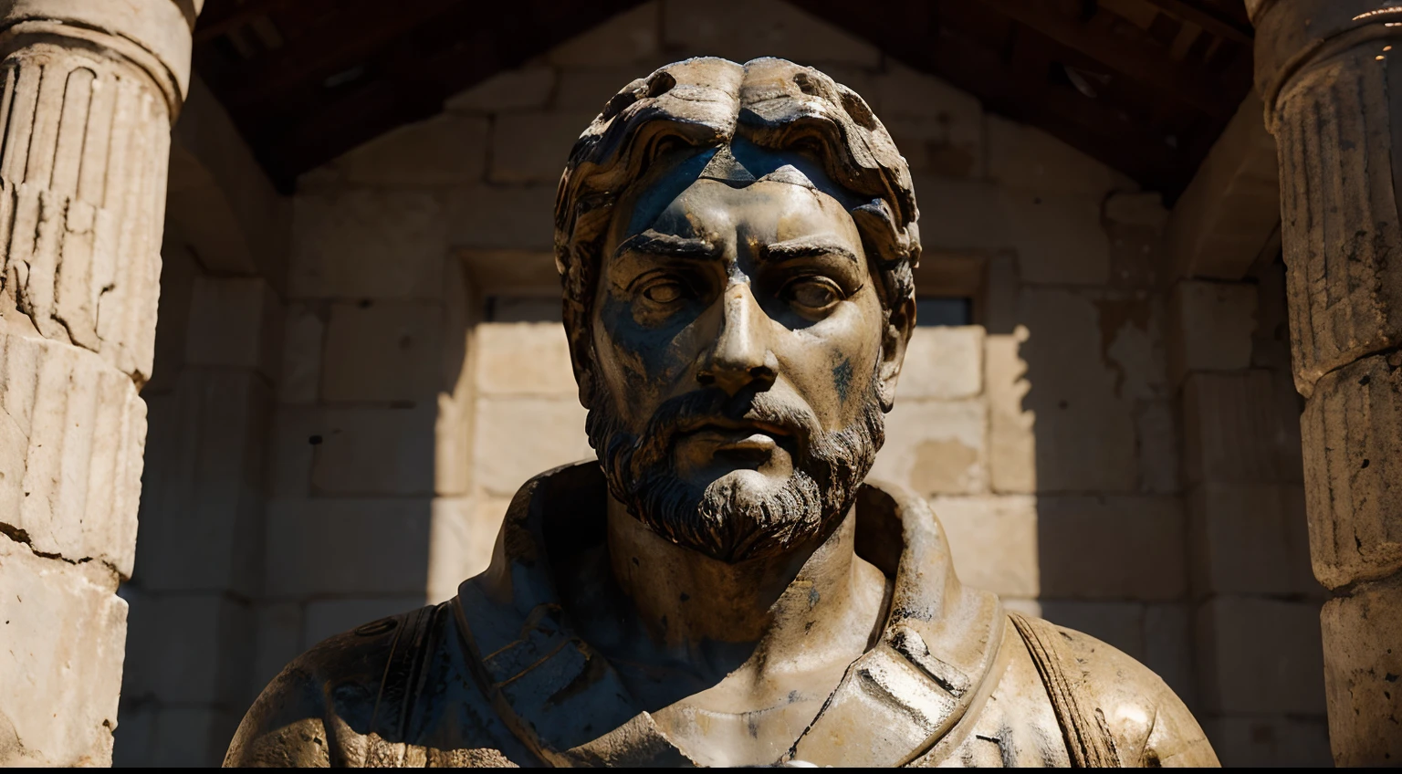 Ancient Stoic Statue With Very Angry Expression, tem barba, muitos detalhes em ambos os olhos, Outside, fundo atenas grego, open sky, com rosto extremamente detalhado full body view, Colors with low saturation with dark tone, Filmado em Sony A7S III com Sony FE 35mm f/1.8, 12.1 MP, --AR 3:2 --estilo cru