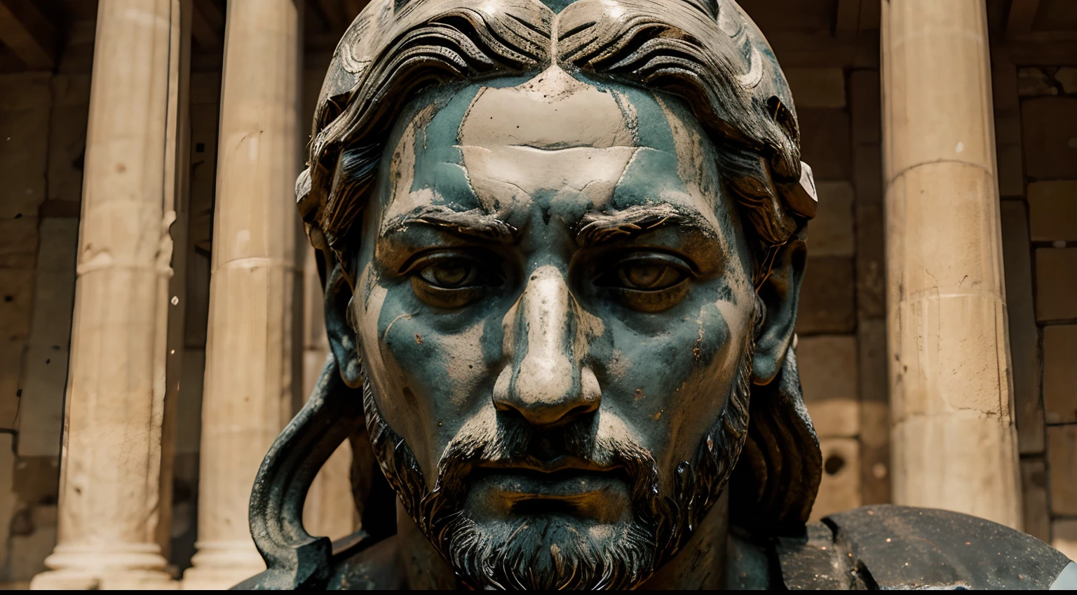 Ancient Stoic Statue With Very Angry Expression, tem barba, muitos detalhes em ambos os olhos, Outside, fundo atenas grego, open sky, com rosto extremamente detalhado full body view, Colors with low saturation with dark tone, Filmado em Sony A7S III com Sony FE 35mm f/1.8, 12.1 MP, --AR 3:2 --estilo cru