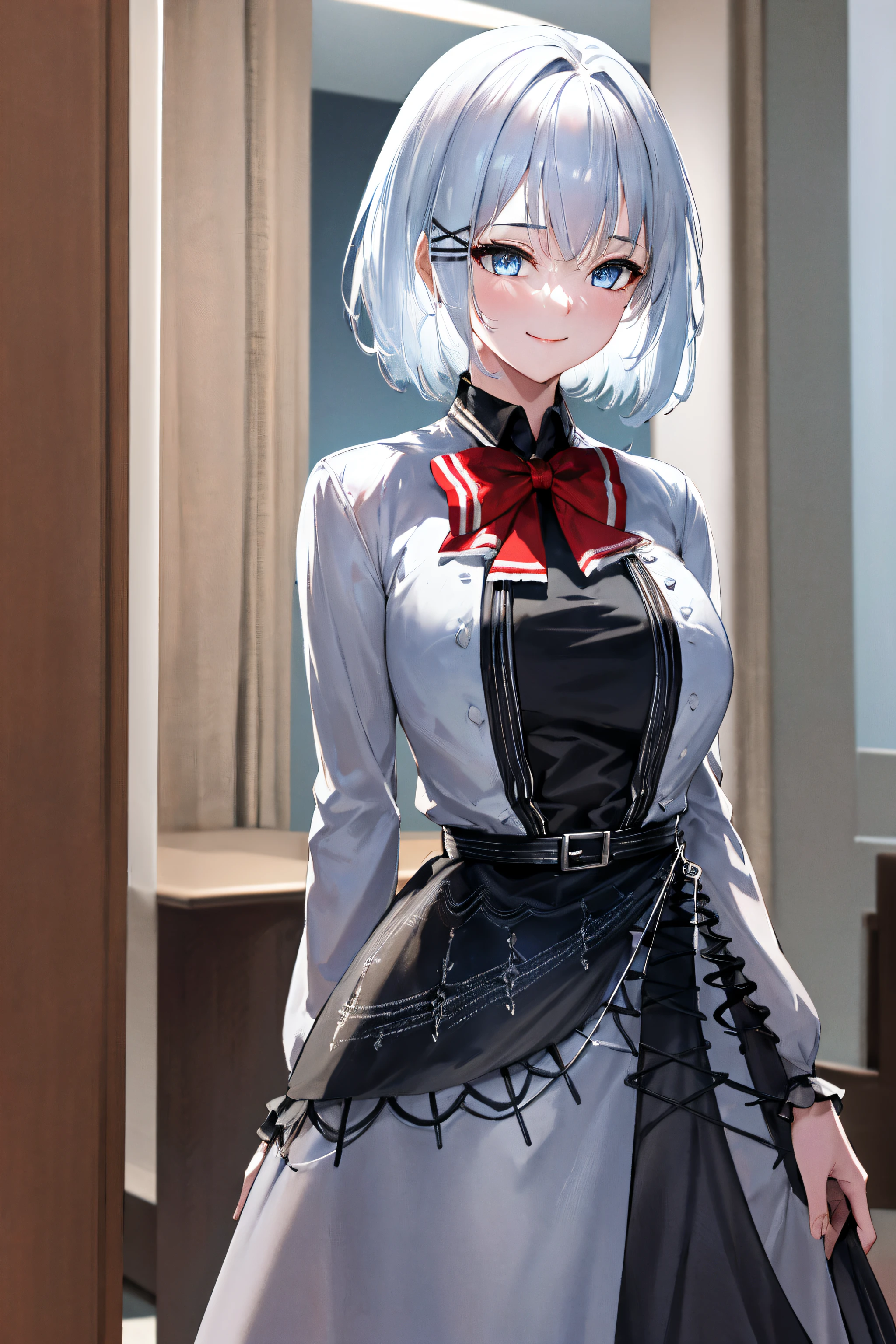 masterpiece, best quality, highres, 1girl white hair blue eyes x hair ornament, red bowtie black shirt grey jacket grey dress black skirt black belt frills black pantyhose, standing, leaning forward, arms behind back, smile, simple background,NSFW,official art,extremely detailed CG unity 8k wallpaper, perfect lighting, (masterpiece:1.0),(best_quality:1.0), ultra high res,4K,ultra-detailed, photography, 8K, HDR, highres, absurdres:1.2, Kodak portra 400, film grain, blurry background, bokeh:1.2, lens flare, (vibrant_color:1.2),(beautiful_face:1.5),(narrow_waist),(perfect hands, perfect anatomy),