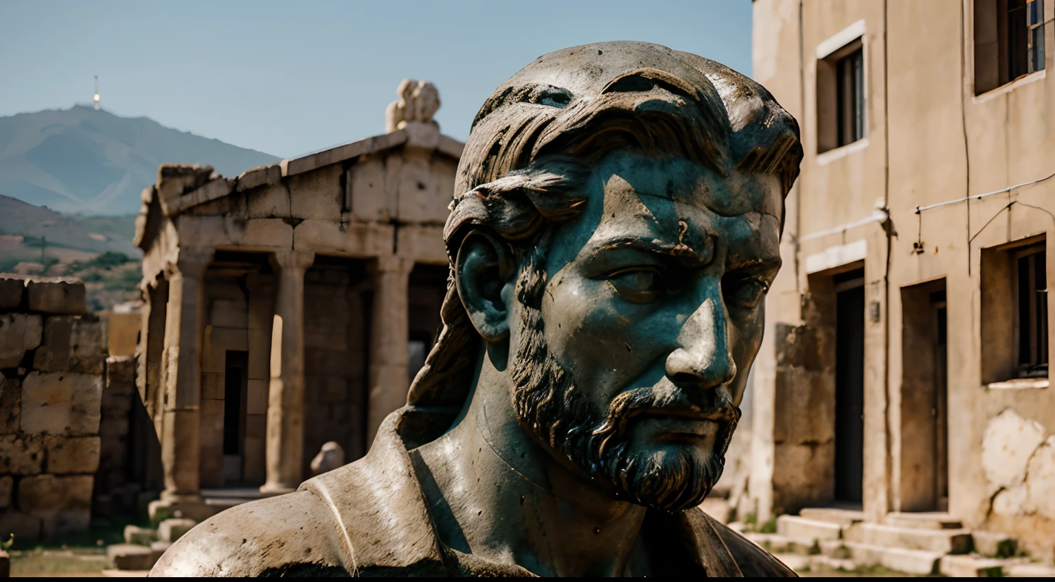 Ancient Stoic Statue With Very Angry Expression, tem barba, muitos detalhes em ambos os olhos, Outside, fundo atenas grego, open sky, com rosto extremamente detalhado full body view, Colors with low saturation with dark tone, Filmado em Sony A7S III com Sony FE 35mm f/1.8, 12.1 MP, --AR 3:2 --estilo cru