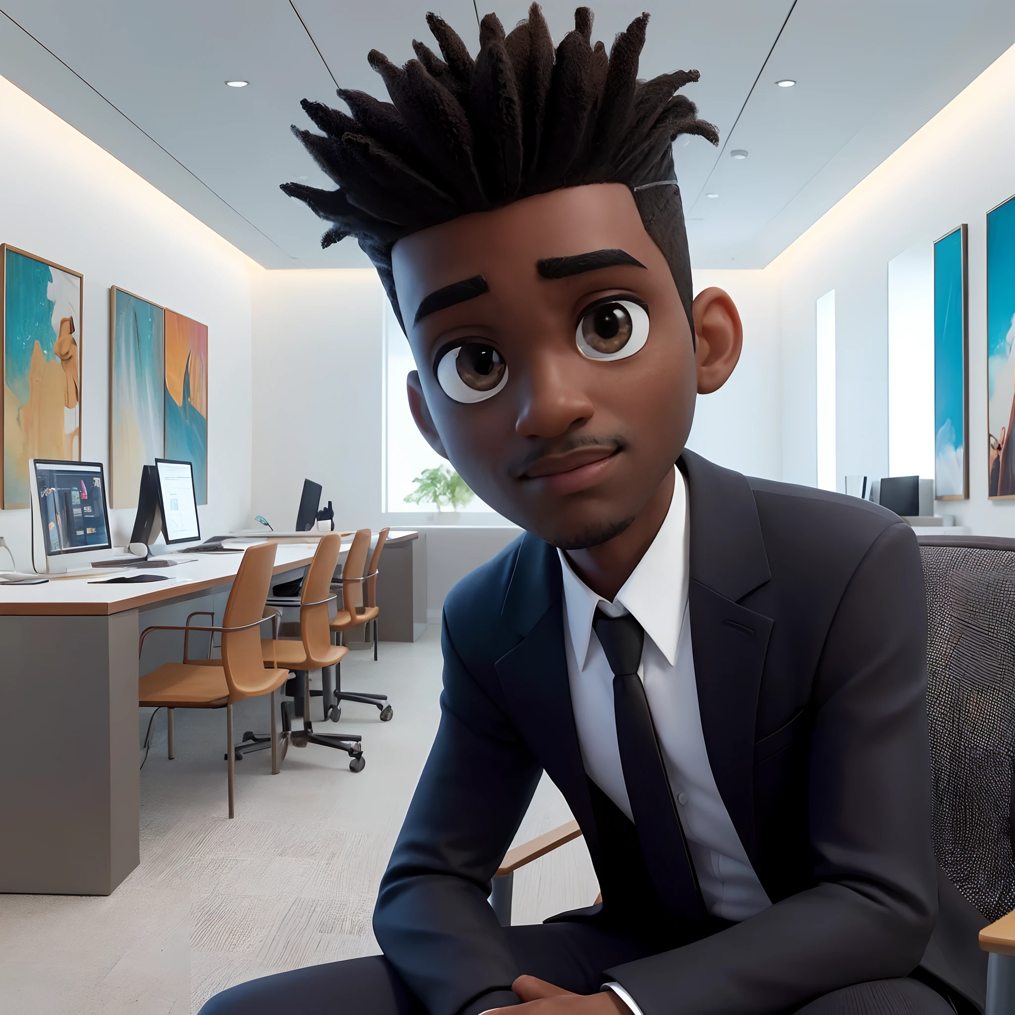 A 3D movie poster in Disney-Pixar style of a Black man with a nudred hairstyle on top, gradually fading on the sides, brown eyes shining, and a slight stubble. He is dressed in formal attire, wearing black pants and a white shirt. He is in a spacious, well-lit and modern office with beautiful contemporary paintings on the wall. The man is sitting in an office chair, working on a computer. There is a smartphone on the desk beside him. The wide-angle view captures his entire body, showing him wearing a pair of Nike Jordan boots. The image is highly detailed, realistic, and of high quality.