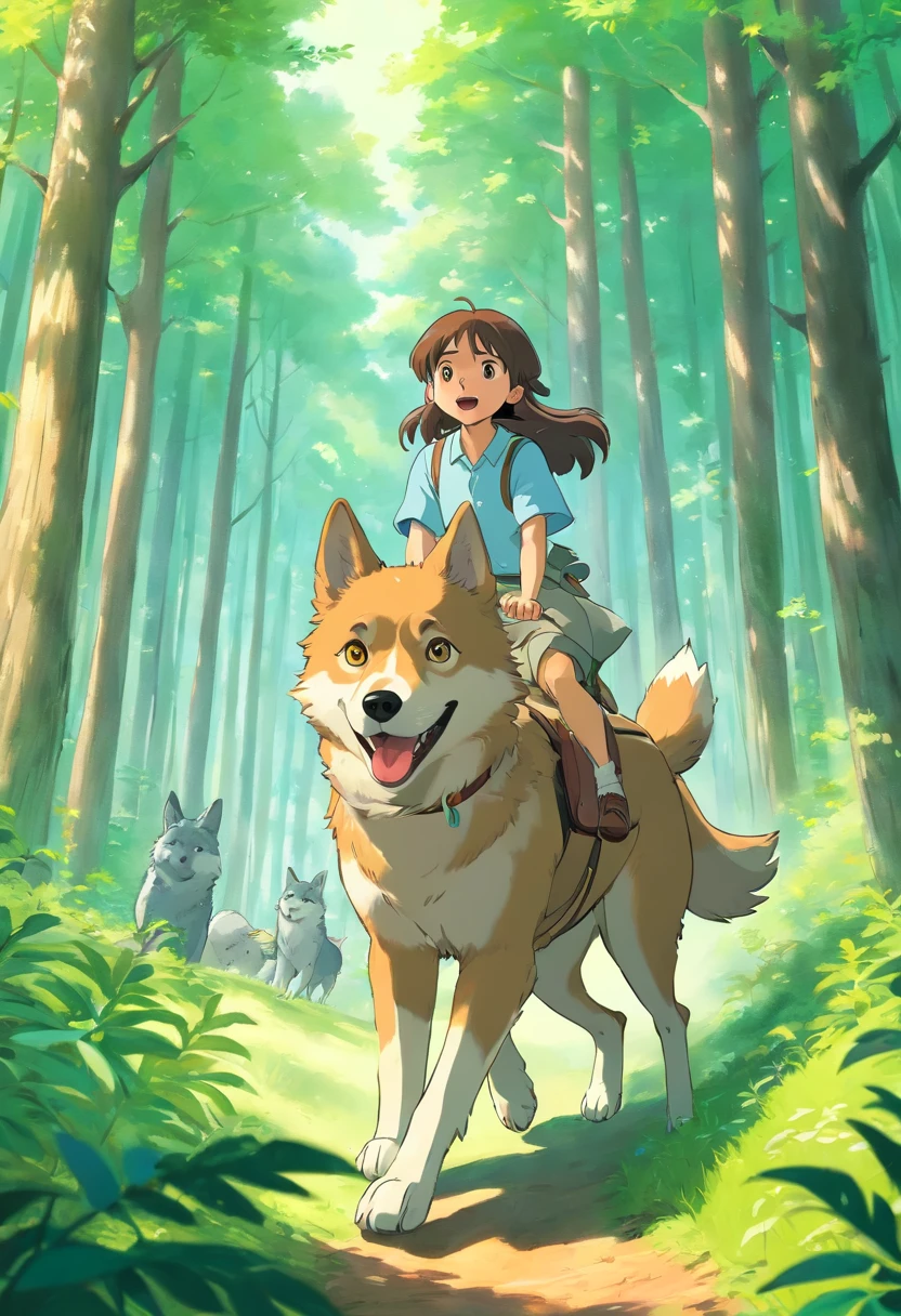 Dog riding a gray wolf in the summer forest during the day