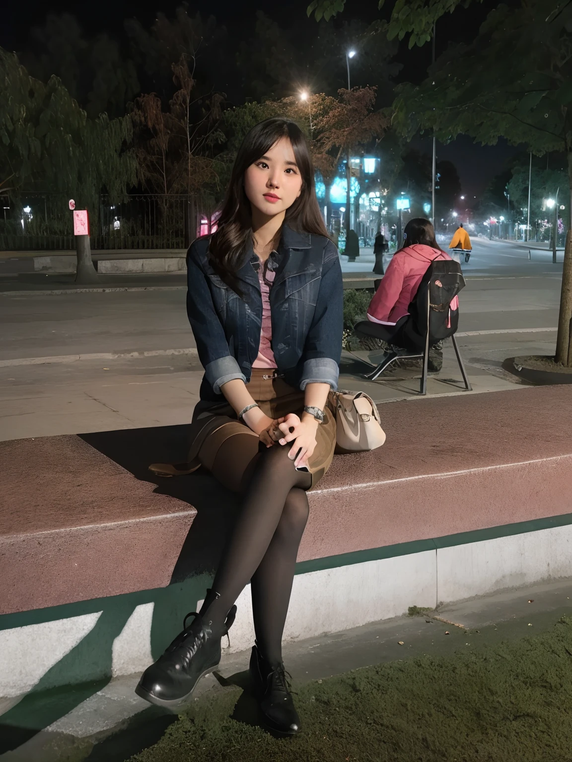 there is a woman sitting on a bench in the park, candid picture, at night time, with lovely look, candid photo, in city street, candid photograph, in night, candid!! white backgriund,ultra realistic, fun colours, japanese anime type face,big expressive eyes, brown hairs,so pretty , , very beautiful girl, photo taken in 2 0 2 0, at nighttime, satisfied pose, taken in the night, at a city street, handsome girl,