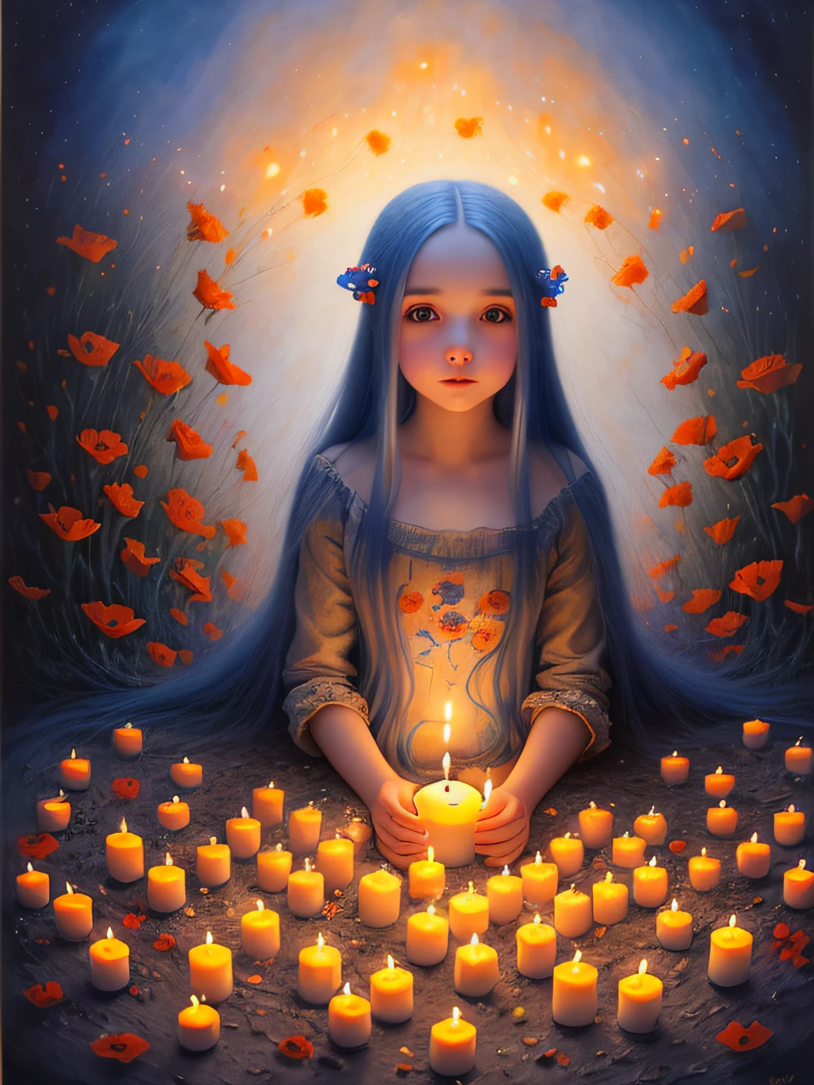 painting of a beautiful young dreamlike girl with very long blue hair sitting on the ground with blue and orange poppies, surrounded with a lot of burning candles, at night, lit by candle light, nicoletta ceccoli style