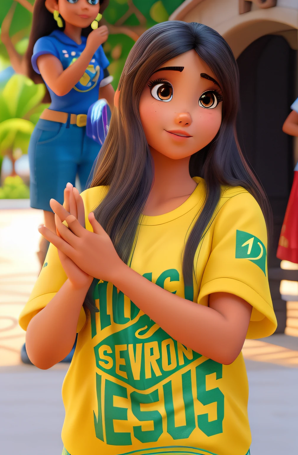 Uma mulher linda morena rosto fino, com olhos pequenos estilo disney pixar, alta qualidade, melhor qualidade
