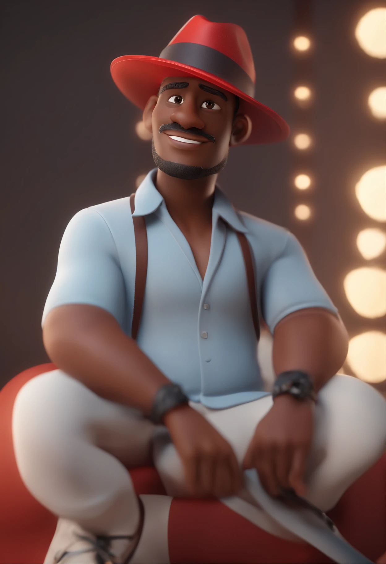 Cartoon character of a black man with white and red Panama hat Animation Character, Caractere estilizado, animation style rendering, 3D estilizado, Arnold Maya render, 3 d render stylized, toon render keyshot, Personagem 3D, Personagem 3D, 3d rendering stylized, 3 d character render, personagem de desenho animado, Personagem de close up, Pose de personagem, (Estilo Pixar) (master part:1.2) (Bokeh) (best quality) (pele detalhada) (textura detalhada) (8k) (argila) (Cinematic lighting) (foco nítido