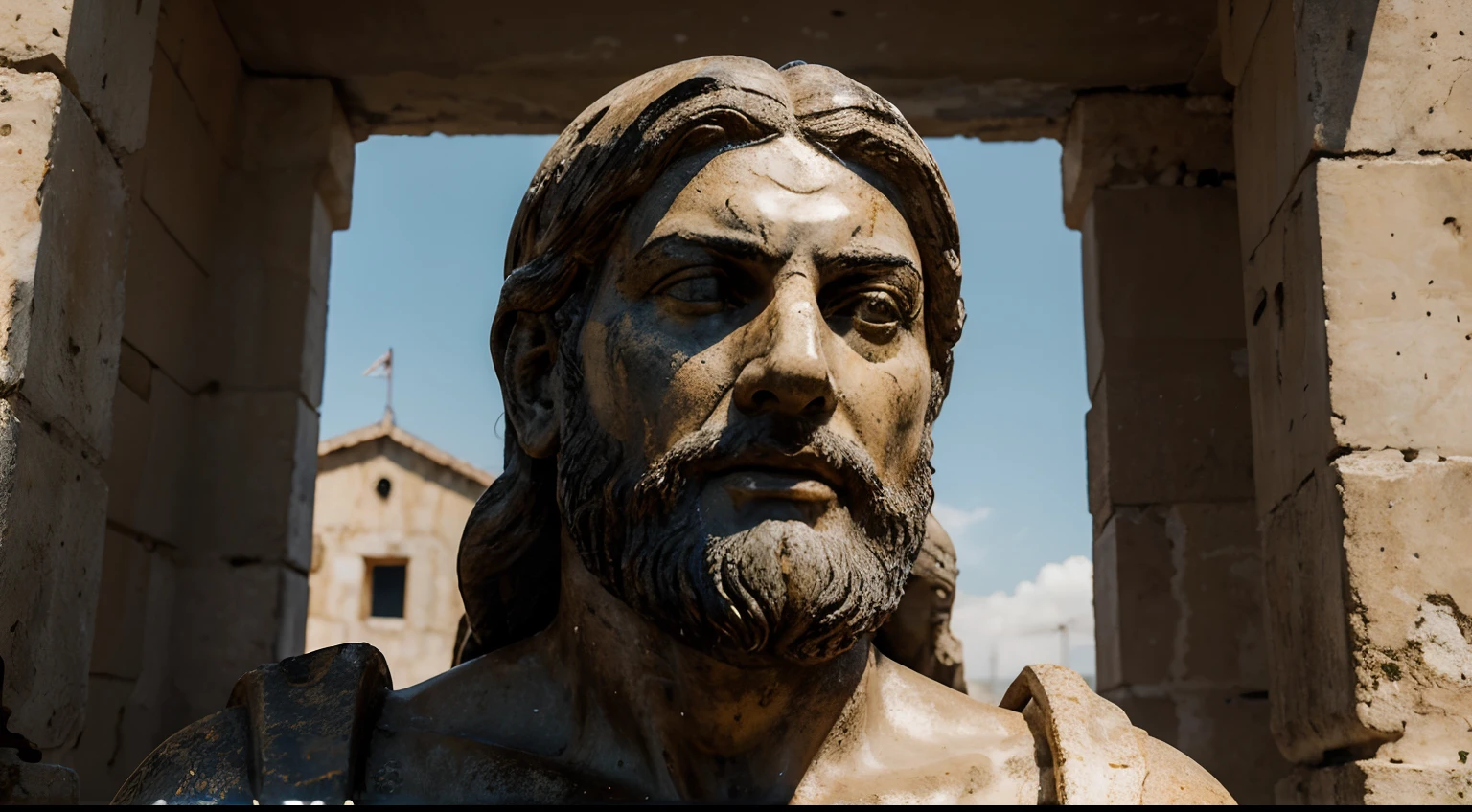 Ancient Stoic Statue With Very Angry Expression, tem barba, muitos detalhes em ambos os olhos, Outside, fundo atenas grego, open sky, com rosto extremamente detalhado full body view, Colors with low saturation with dark tone, Filmado em Sony A7S III com Sony FE 35mm f/1.8, 12.1 MP, --AR 3:2 --estilo cru