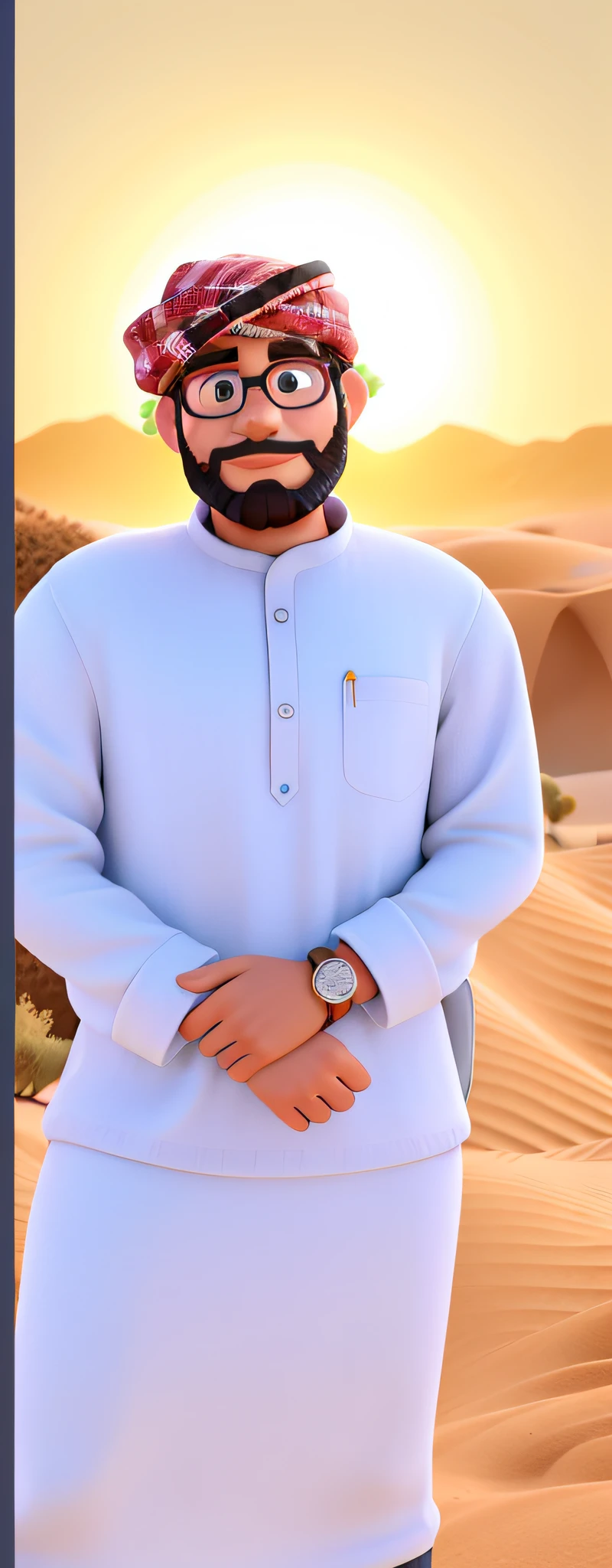 homem no deserto, com barba feita corretamente, vestido de shake, no modelo pixar