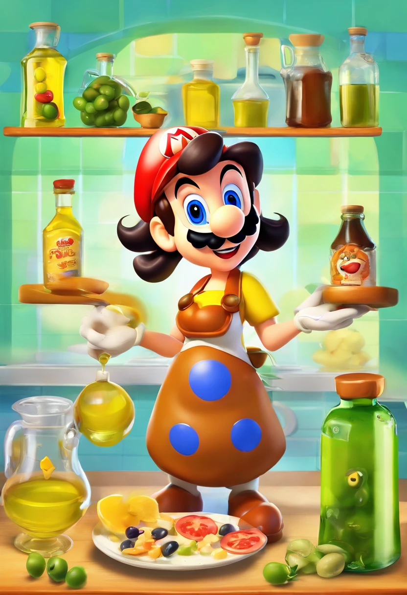 Create a Pixar-style poster about a 47-year-old woman with shoulder-length dark hair using extra virgin olive oil and olives in the kitchen. The style should be inspired by Pixar films with very detailed expressions and vibrant colors.