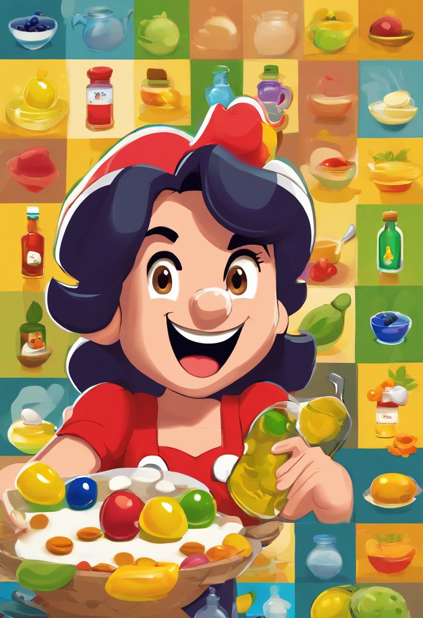 Create a Pixar-style poster about a 47-year-old woman with shoulder-length dark hair using extra virgin olive oil and olives in the kitchen. The style should be inspired by Pixar films with very detailed expressions and vibrant colors.