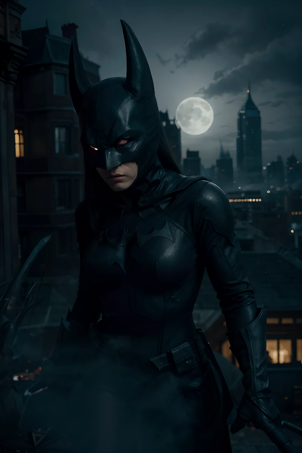 (best quality,4k,8k,highres,masterpiece:1.2),ultra-detailed,(realistic,photorealistic,photo-realistic:1.37),Batman,guarding Gotham City on Halloween night,"menacing and atmospheric","bat-infested skies","foggy and dimly lit","dark and gothic","eerie surroundings","ominous shadows","full moon","hauntingly beautiful cityscape:1.1","haunting moonlit silhouette:1.1",supernatural threat haunting the city streets,"mystical villains:1.1","ghostly apparitions","villainous spirits:1.1","sinister creatures:1.1","writhing tentacles:1.1","ghastly ghouls:1.1","haunted objects","paranormal chaos","malevolent presence",intense action scene, Batman unleashingr superpowers to fight against the supernatural, "dynamic and impactful heroes:1.1","powerful energy blasts:1.1","thunderous clashes","airborne acrobatics:1.1","superhuman strength:1.1",detailed rendering of Batman  iconic costumes,"bat-symbol reflecting moonlight"
