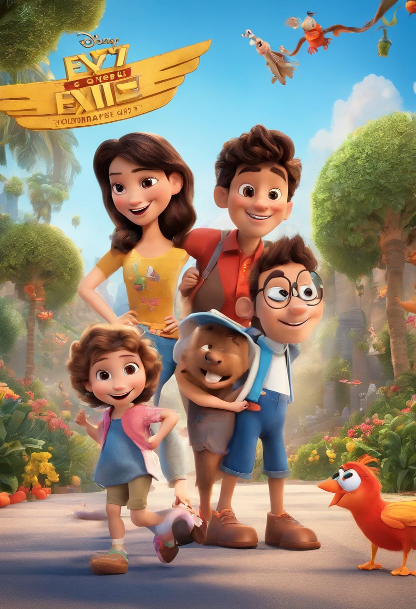 A Disney-style 3D movie poster from pixar with the text " " casal, homem de pele escura, olhos castanhos, With eye Glasses, cabelo curto, mulher morena clara, With eye Glasses, com um sorriso, in Rio de Janeirocinematics, epic scene, super detalhado, ..3d, Adorable Disney Pixar Style
