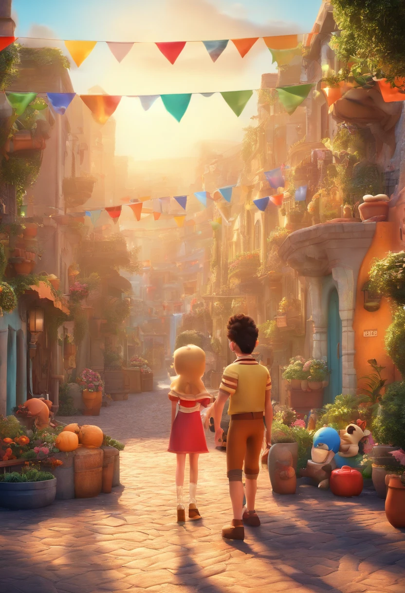 A Disney-style 3D movie poster from pixar with the text " " casal, homem de pele escura, olhos castanhos, With eye Glasses, cabelo curto, mulher morena clara, With eye Glasses, com um sorriso, in Rio de Janeirocinematics, epic scene, super detalhado, ..3d, Adorable Disney Pixar Style