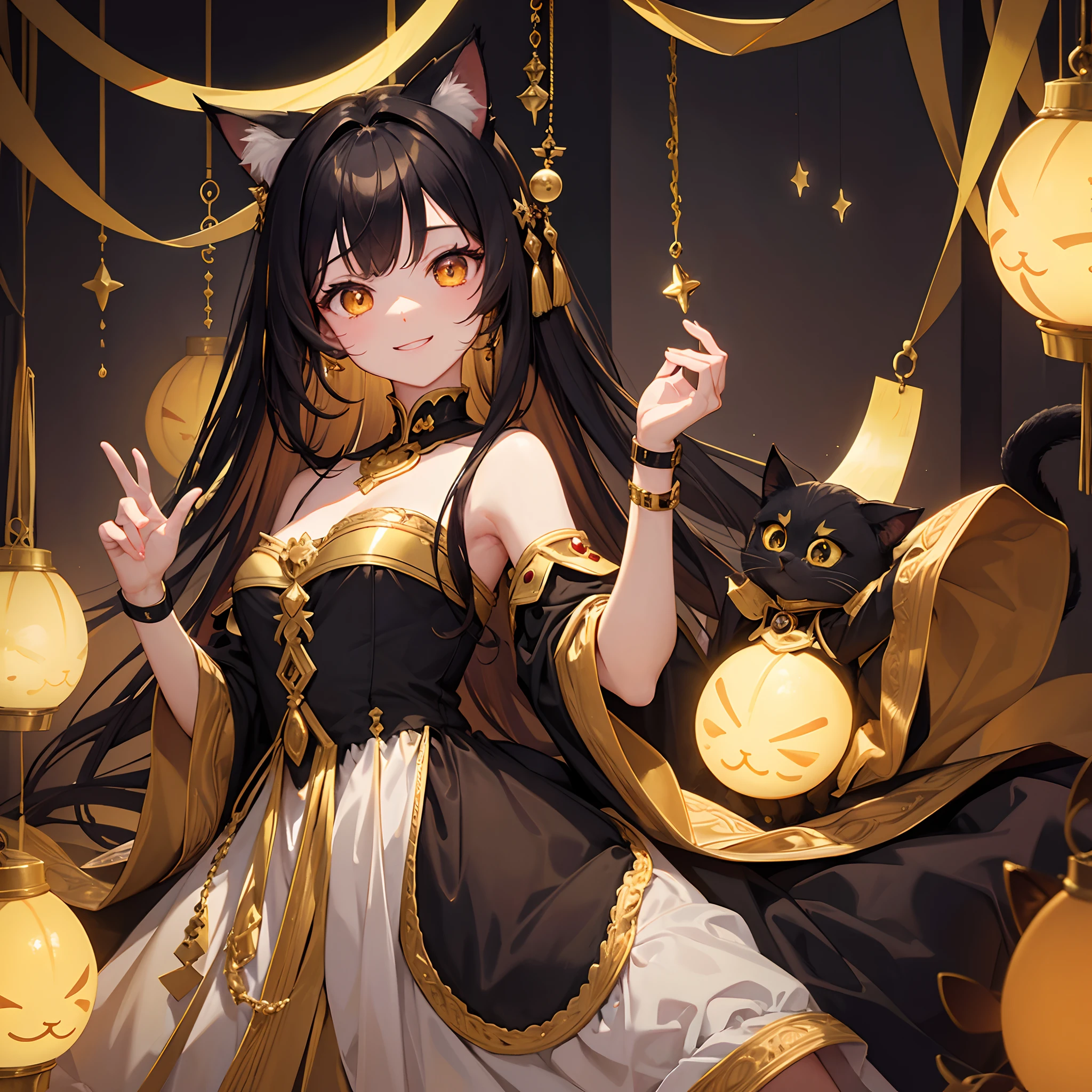 Ninomae Ina'nis, VTuber, 1 girl, solo, alone, violet hair, orange hair, multicolored hair, long hair, ornament hair, cat ears, perfectly body, perfectly hands, flowing hair, maid, maid dress, maid headdress, maid apron, white apron, holding a lantern, Chinese lantern, shrine scenery, white roses on focus, gold lantern, Chinese style, Chinese maid dress, violet dress, more details on her clothes, black dress with transparency, golden details, night, smiling, ((4k, masterpiece, top-quality)),8k, best quality, high resolution, HD, (illustration:0.8), super cute girl, delicate and beautiful face, mature girl, super cute hairstyle, (beautiful detailed eyes:1.6), extremely detailed face, perfect lighting, extremely detailed CG, (perfect hands, perfect anatomy), Best quality, cleavage, small skirt, full Body, two arms, two legs, two hands, five fingers