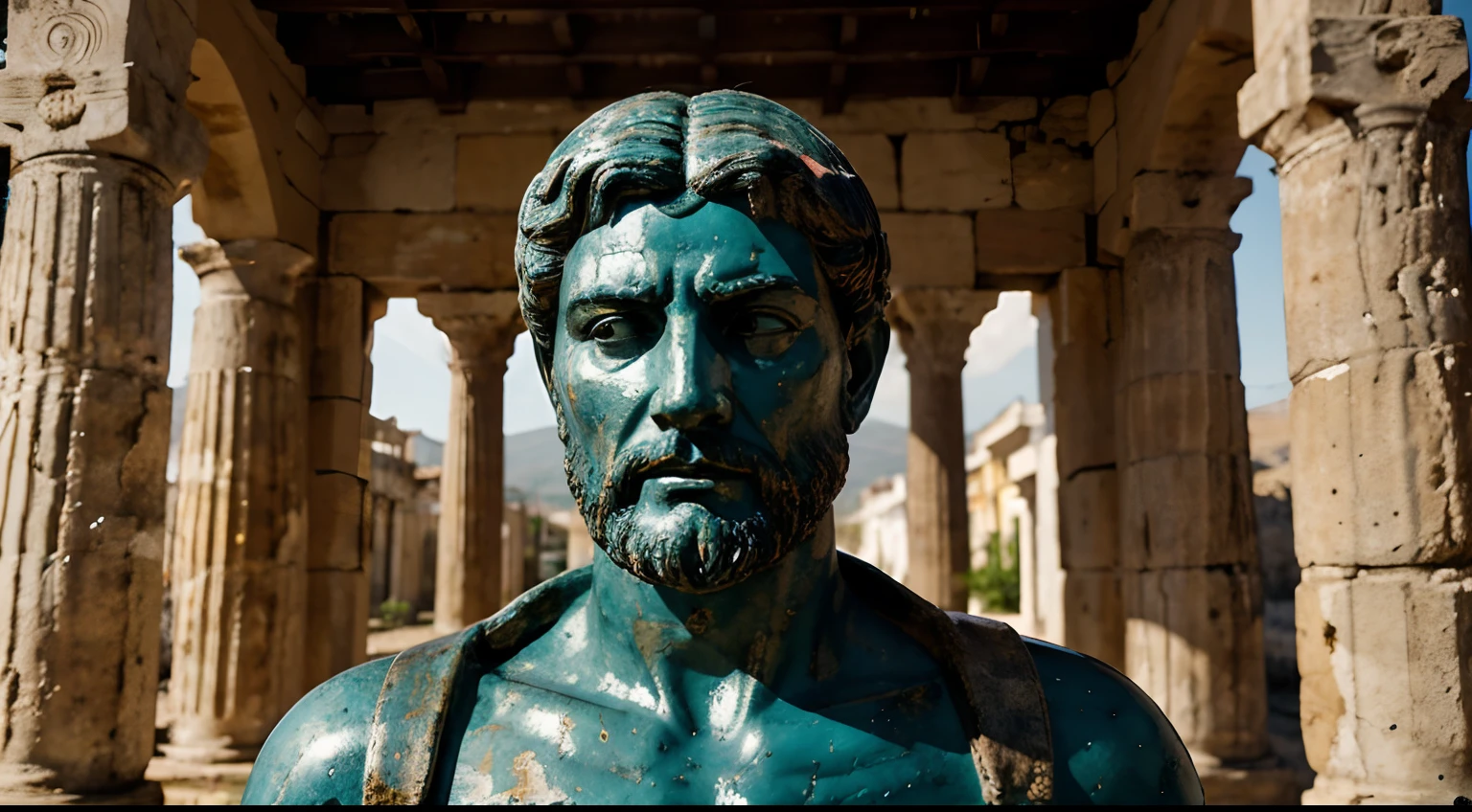 Ancient Stoic Statue With Very Angry Expression, tem barba, muitos detalhes em ambos os olhos, Outside, fundo atenas grego, open sky, com rosto extremamente detalhado full body view, Colors with low saturation with dark tone, Filmado em Sony A7S III com Sony FE 35mm f/1.8, 12.1 MP, --AR 3:2 --estilo cru