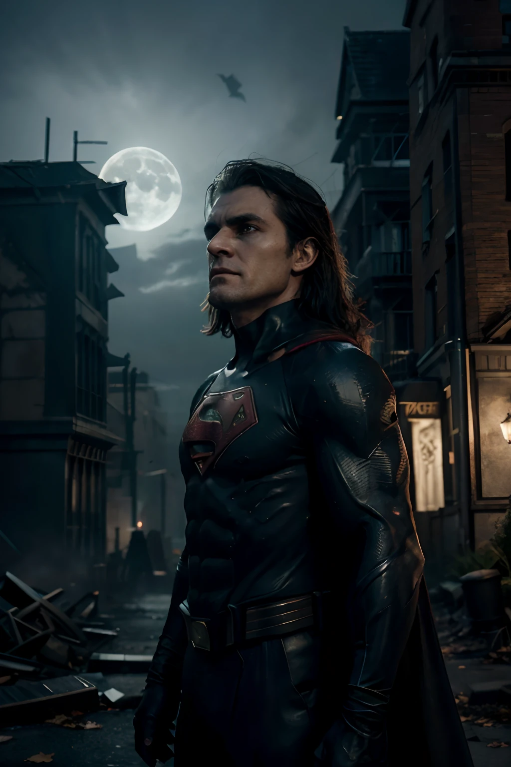 (best quality,4k,8k,highres,masterpiece:1.2),ultra-detailed,(realistic,photorealistic,photo-realistic:1.37),Batman and Superman cooperating,guarding Gotham City on Halloween night,"menacing and atmospheric","bat-infested skies","foggy and dimly lit","dark and gothic","eerie surroundings","ominous shadows","full moon","hauntingly beautiful cityscape:1.1","haunting moonlit silhouette:1.1",supernatural threat haunting the city streets,"mystical villains:1.1","ghostly apparitions","villainous spirits:1.1","sinister creatures:1.1","writhing tentacles:1.1","ghastly ghouls:1.1","haunted objects","paranormal chaos","malevolent presence",intense action scene, Batman and Superman unleashing their superpowers to fight against the supernatural, "dynamic and impactful heroes:1.1","powerful energy blasts:1.1","thunderous clashes","airborne acrobatics:1.1","superhuman strength:1.1",detailed rendering of Batman and Superman's iconic costumes,"bat-symbol reflecting moonlight","S-shaped crest shining in the darkness",grim expressions showing determination and courage,"rippling capes:1.1","sculpted muscles and bulging veins","glistening sweat",Gotham City's haunted architecture,"gothic buildings:1.1","spooky mansions","crooked alleys","forgotten graveyards","weathered gargoyles","crumbling statues","broken windows","desolate streets",Halloween-themed elements enhancing the atmosphere,"pumpkin lanterns","Jack-o'-lanterns:winking:1.1:grinning:1.1","fallen leaves rustling in the wind","spooky fog:1.1","creepy mist","cackling bats","dancing shadows","black cats:prowling:1.1","haunting illusions:1.1","omens of darkness",incorporation of Superman's superhuman abilities into the scene,"heat beam cutting through the night sky:1.1","powerful shockwaves:1.1","flying debris","explosive impact","invincible force",captivating color scheme with deep blues, grays, and striking highlights,"ethereal blue moonlight","rich shadows:1.1","intense contrasts","piercing red eyes","heroic red and yellow accen