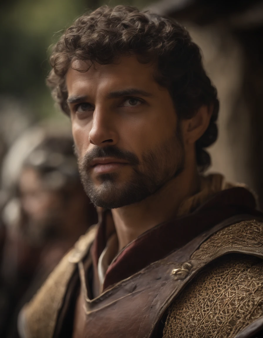 cinematic portrayal, parte superior do corpo, rosto, facing the audience, (realidade :1.3), uma das obras mais bonitas do mundo, A man looks at the camera, trajes medievais, (roupas velhas danificadas e desgastadas :1.4), rosto bonito detalhado, Action Shooting, Fundo antigo da cidade, fotos realistas, CG, Art Station