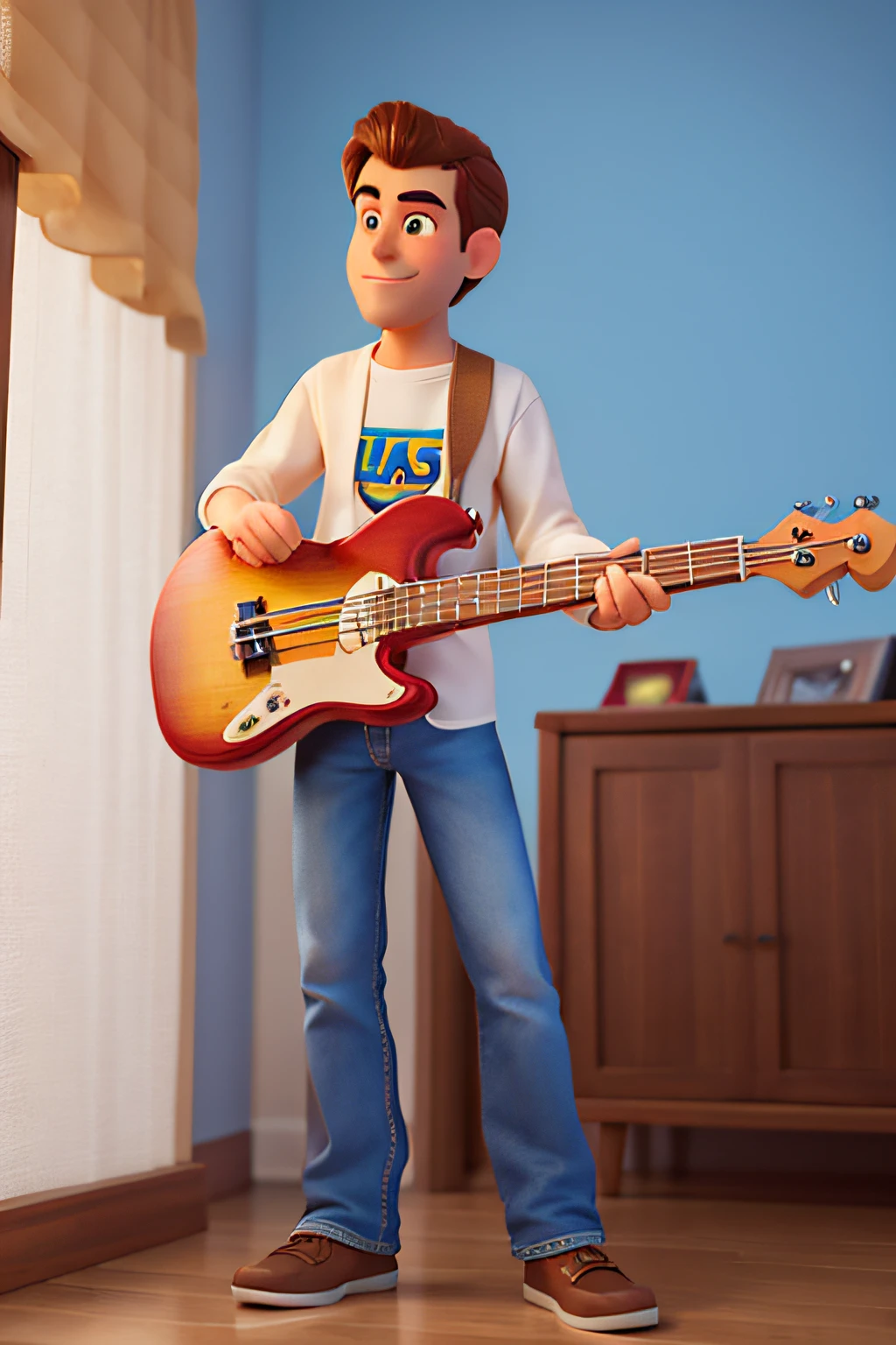 um homem branco de 55 kg, cabelo castanho curto liso dividido de lado, tocando um baixo modelo jazzbass de cor branca, estilo disney pixar, alta qualidade, melhor qualidade