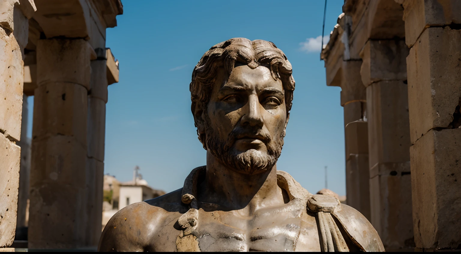 Ancient Stoic Statue With Very Angry Expression, tem barba, muitos detalhes em ambos os olhos, Outside, fundo atenas grego, open sky, com rosto extremamente detalhado full body view, Colors with low saturation with dark tone, Filmado em Sony A7S III com Sony FE 35mm f/1.8, 12.1 MP, --AR 3:2 --estilo cru